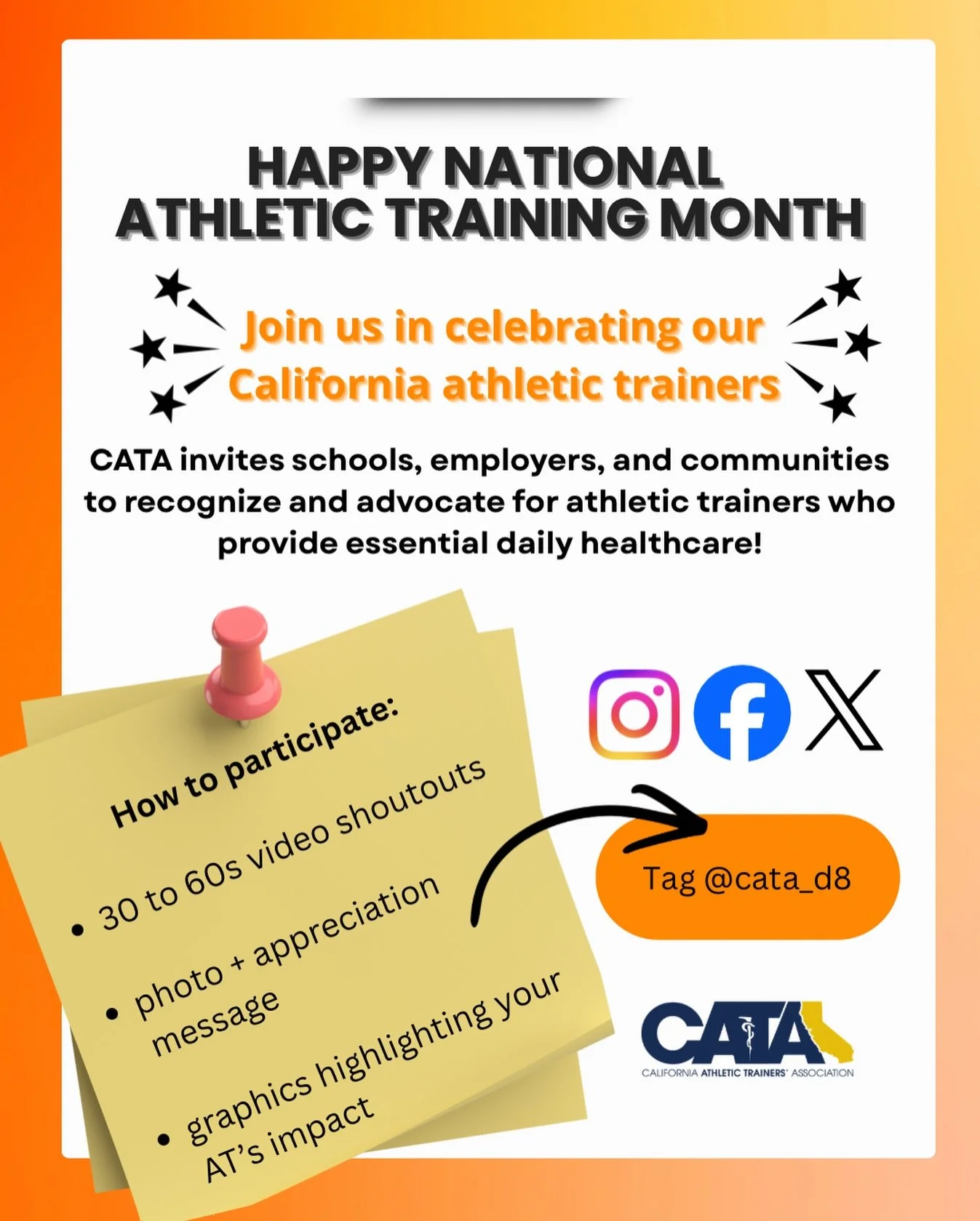 National Athletic Training Month Social Media Showcase

This March, CATA invites schools, employers, communities, and families to celebrate the athletic trainers who provide essential, everyday healthcare, often behind the scenes, always when it matt