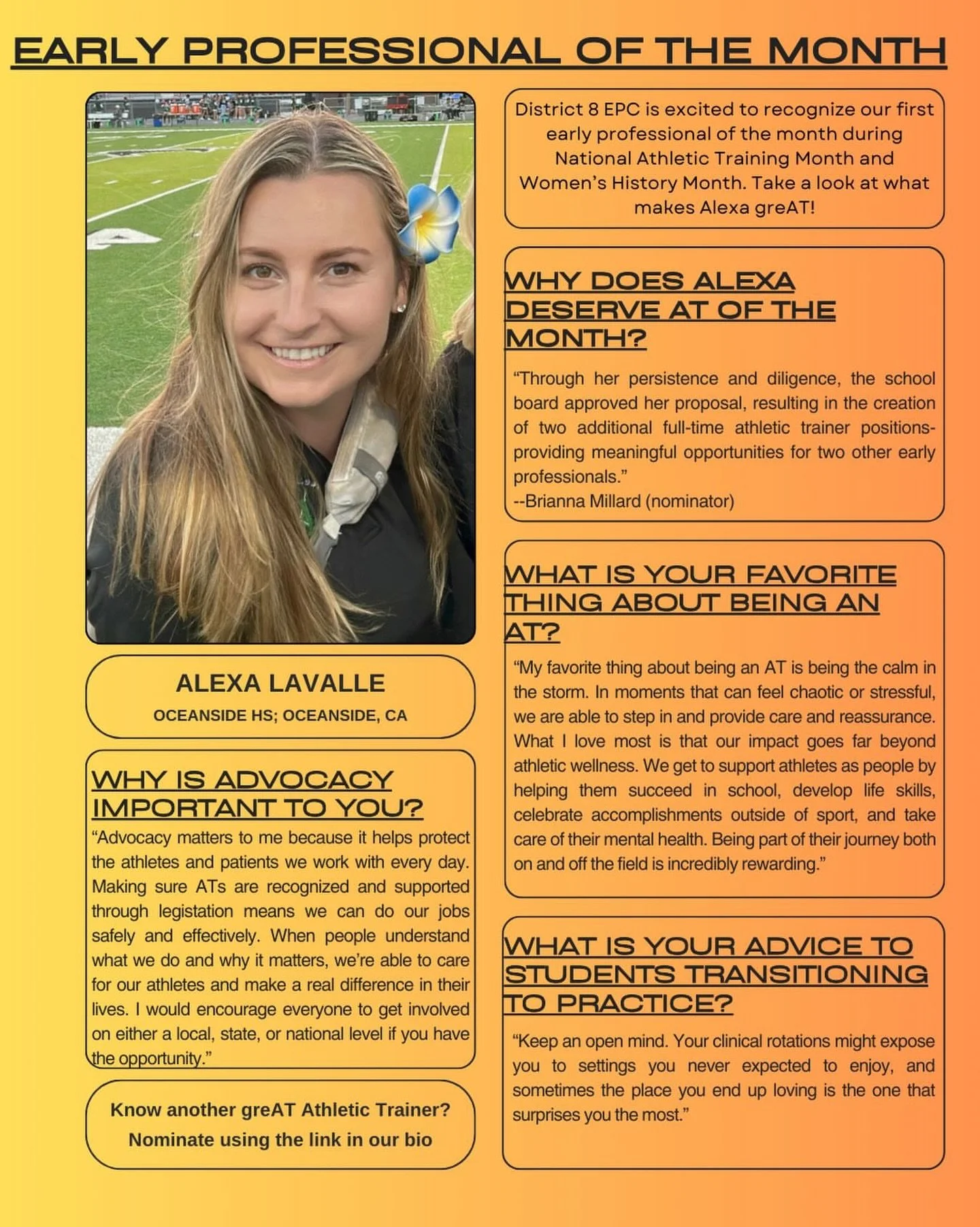 We are happy to recognize your D8 early professional of the month&hellip;
ALEXA LAVALLE
She has 5 years of experience and is currently working in the secondary school setting in CA. 
She&rsquo;s made changes at the local and state level that inspire 