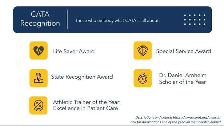 The CATA Managing Board proudly honors the outstanding work being done across our state by individuals nominated by their peers. These awards recognize those who have elevated the profession, advocated for athletic trainers, and made life-saving impa