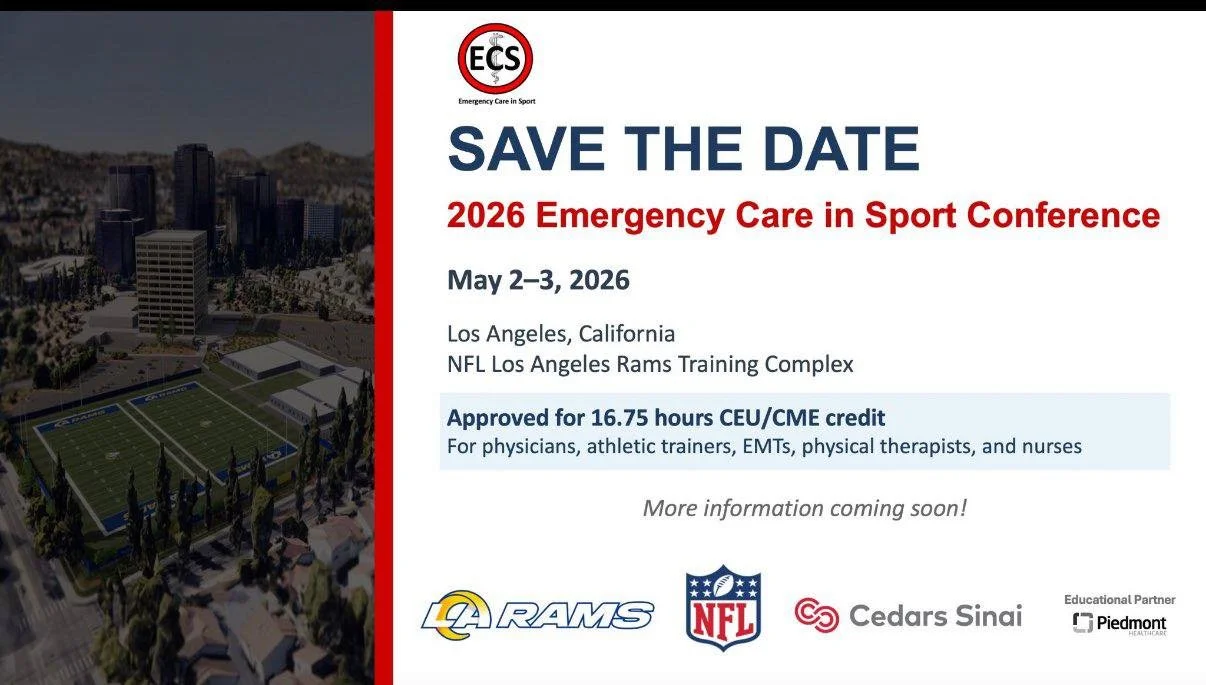 🚨 Ready to level up your emergency care skills in sports medicine? Join us May 2-3, 2026 at the Los Angeles Rams facility in Woodland Hills for the Emergency Care in Sport (ECS) course!

Designed for Athletic Trainers, Physicians, Nurses, PAs, and A