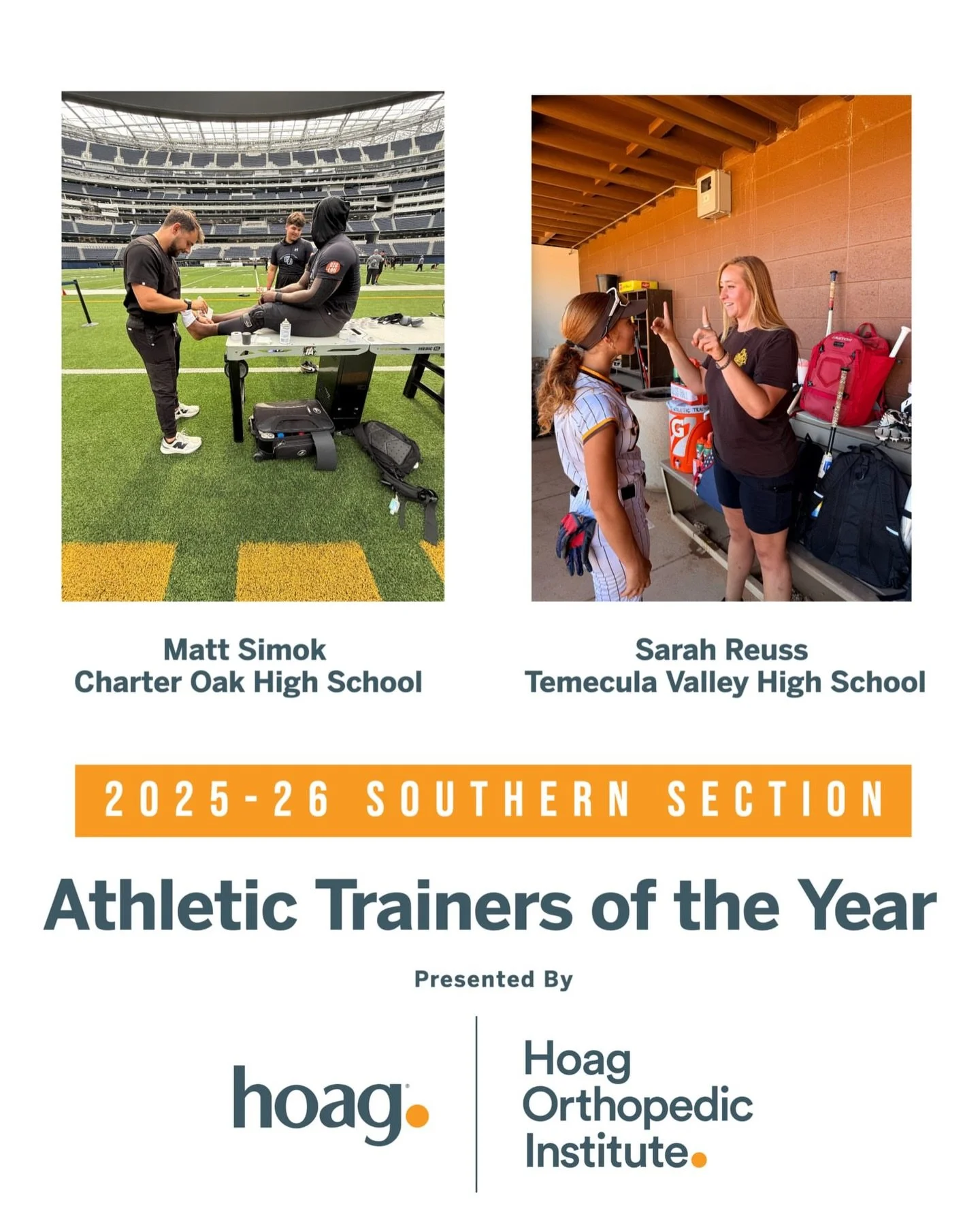 We are so excited to recognize Matt Simok of Charter Oak High School and Sarah Reuss of Temecula Valley High School as the 2025-26 Southern Section Athletic Trainers of the Year presented by @hoaghealth and @hoagorthopedic! Thank you, Matt and Sarah,