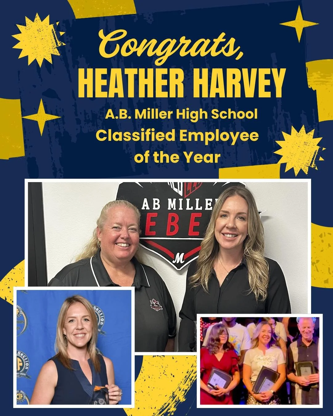 Congratulations to Heather Harvey on being named Classified Employee of the Year at A.B. Miller High School!

&ldquo;A.B. Miller High School is proud to recognize Heather for her extraordinary service to the school community. She consistently goes ab