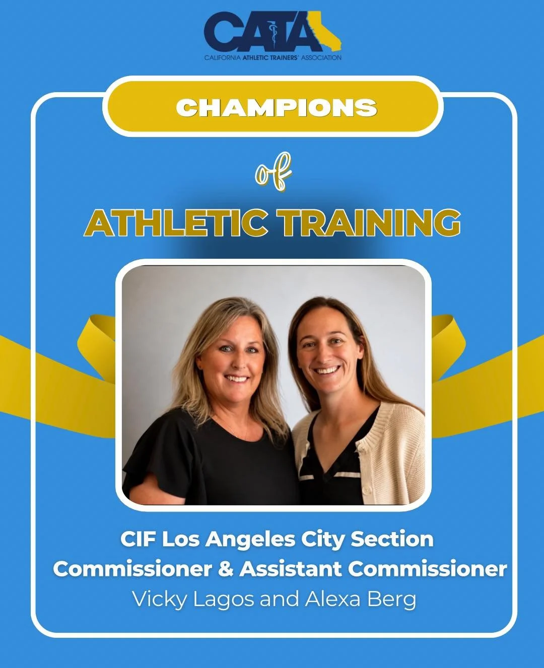 Celebrating Champions of Athletic Training 💙💛

CATA is proud to recognize CIF Los Angeles City Section Commissioner Vicky Lagos and Assistant Commissioner Alexa Berg for their continued support of athletic trainers and student-athlete safety.

Thro