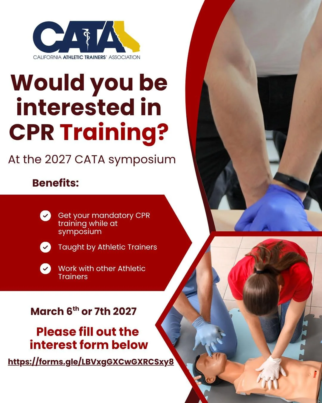 The CATA is considering including a CPR course as a part of our 2027 Symposium. We are seeking your thoughts and feedback to assist our planning.  Please complete this brief survey regarding your preferences for incorporating a CPR course into our Sy