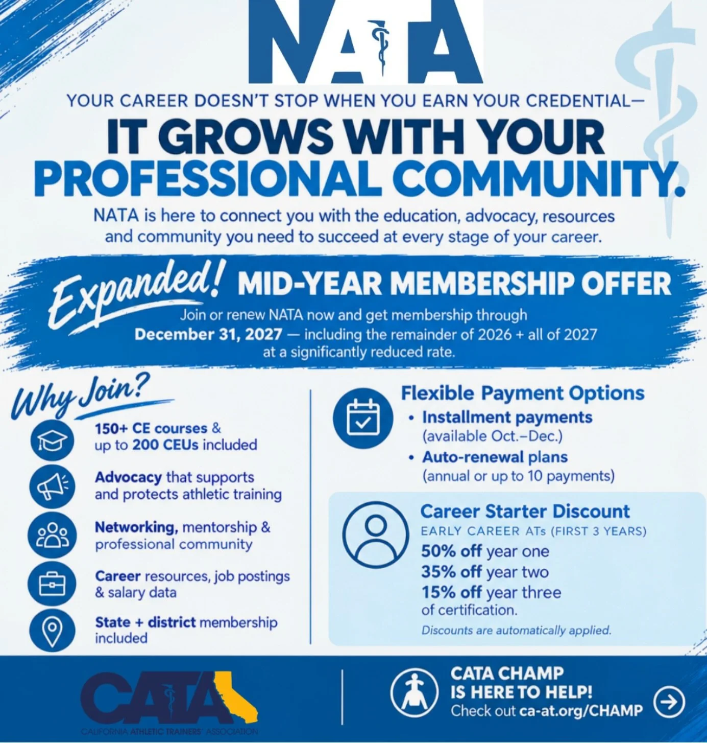 Join or renew NATA now and get membership through December 31, 2027&mdash;including the remainder of 2026 + all of 2027 at a significantly reduced rate.

🔘 Why join?

&bull; 150+ CE courses &amp; up to 200 CEUs included
&bull; Advocacy that supports