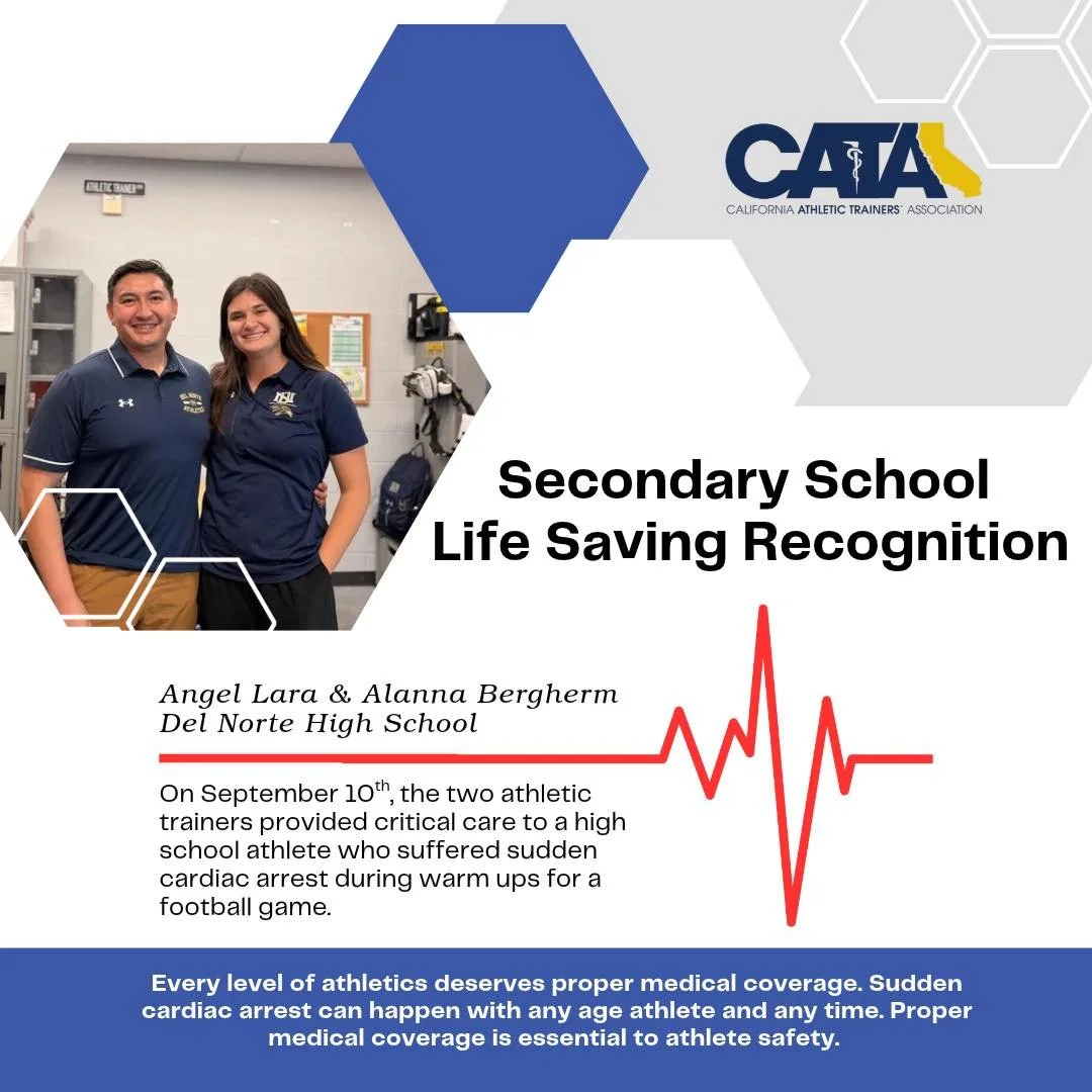 The CATA is proud to recognize Angel Lara and Alanna Bergherm of Del Norte High School for their quick thinking, clinical expertise, and commitment to student athlete safety.

Their actions serve as a powerful reminder that emergency preparedness, pr