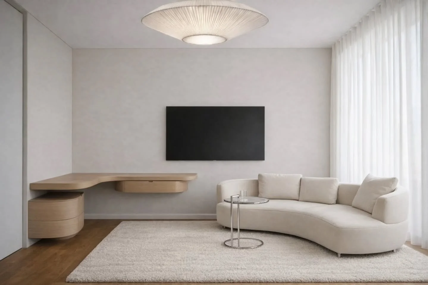 A bespoke curved dresser-desk designed to seamlessly complement the existing bedroom.

Soft curves were introduced to create a natural flow within the space, while the floating design enhances lightness and gives the illusion of a larger room.

Every