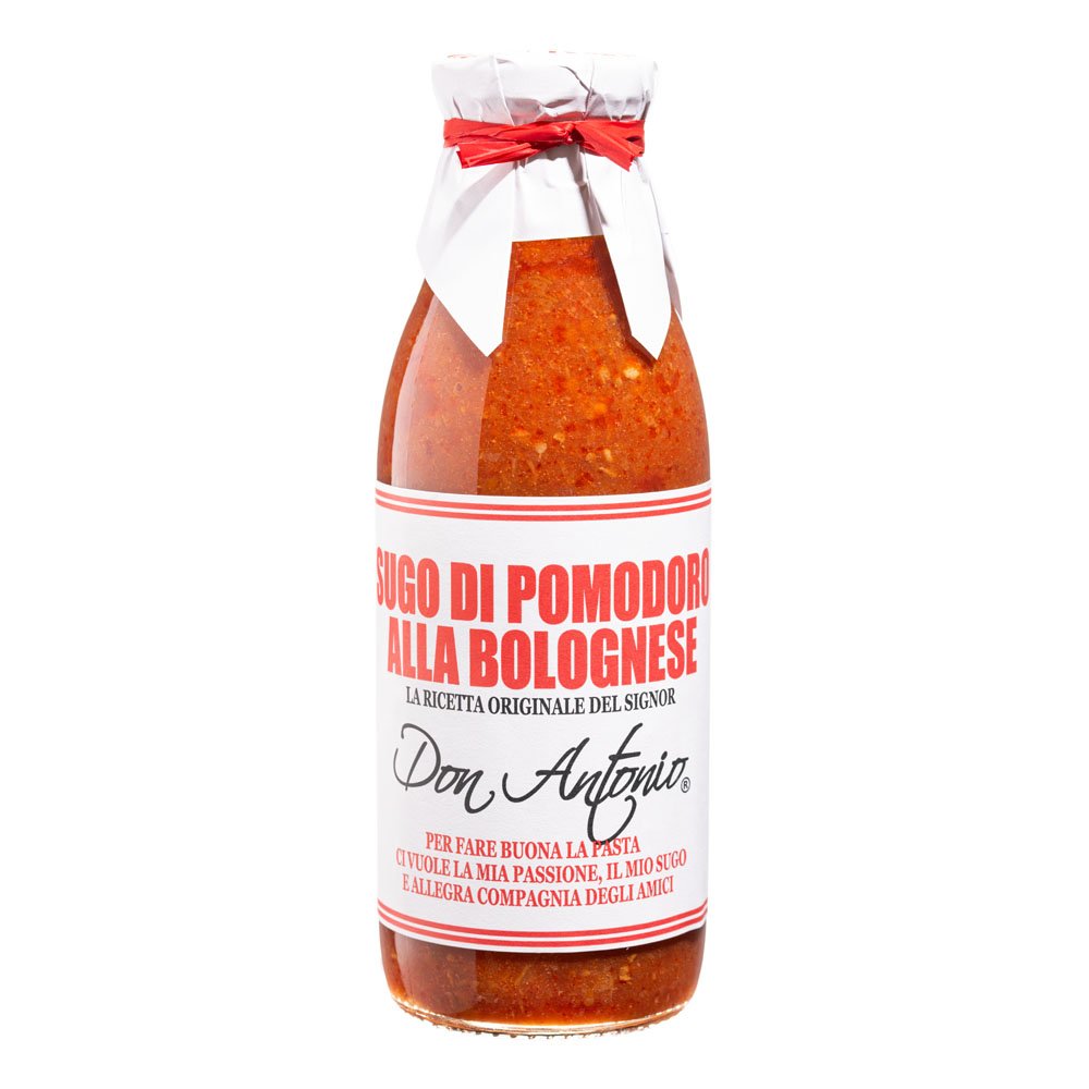 Fles tomatensaus met Bolognese-recept, merk Don Antonio.