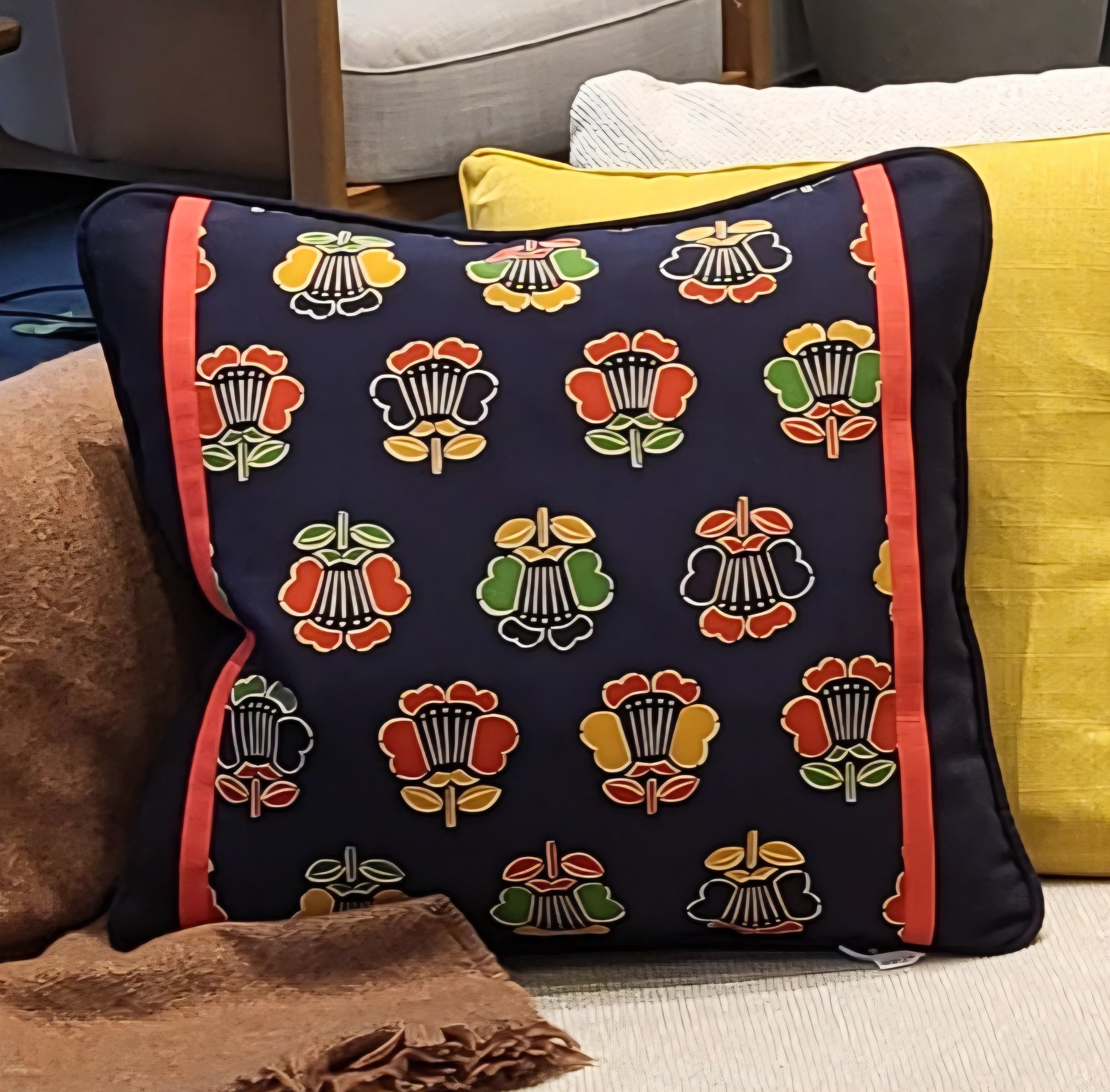 Multi Coloured Wool Print on a Navy Blue Background