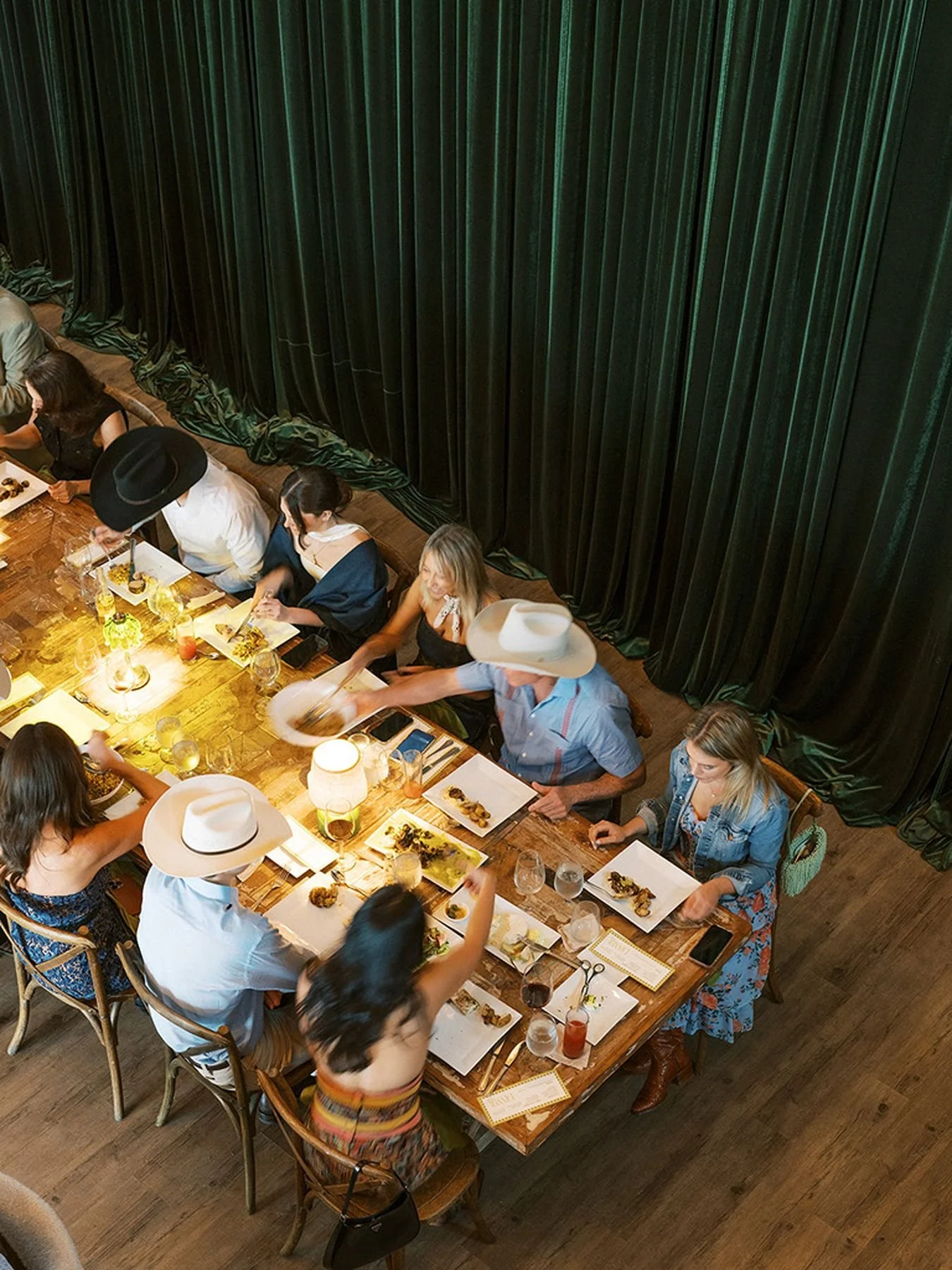 Family Style Dinner at Windy Knoll in Round Top with Velvet Draping | Wedding Weekend Planners Epoch Co+ Events