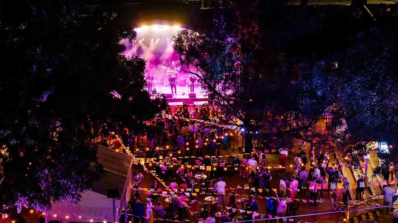 Wide aerial view of live music corporate event in Austin produced by Epoch Co+ event planners