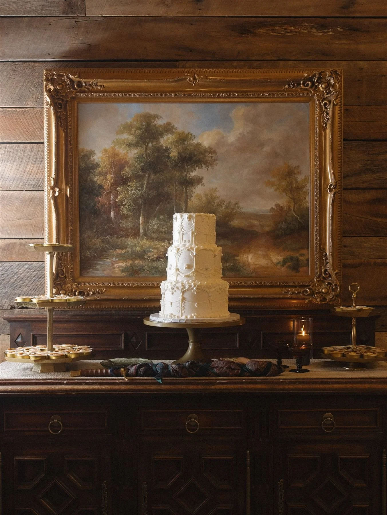 Lambeth piping wedding cake to mimic the brides dress details - three tier wedding cake - mini pies on vintage credenza