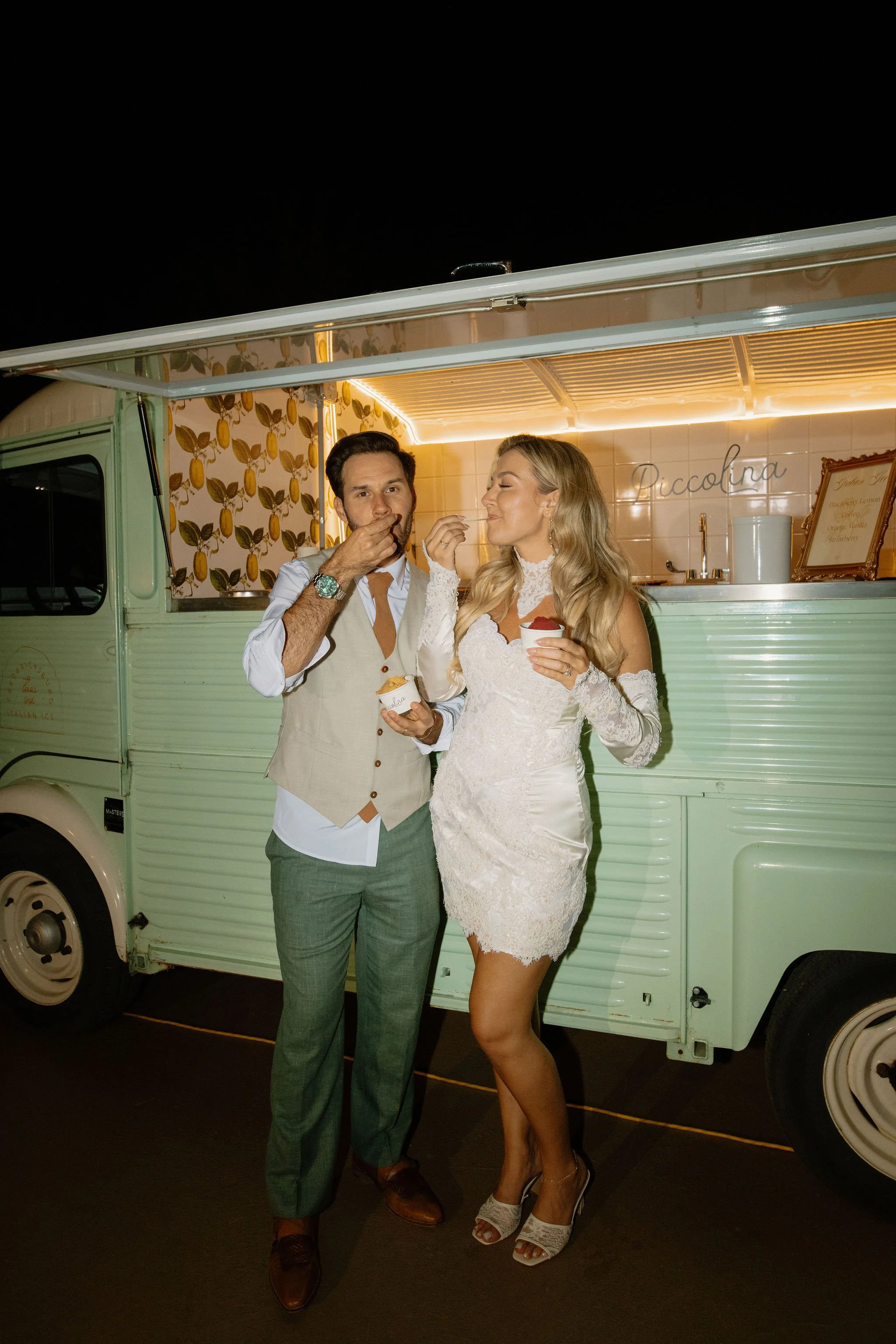 Bride and groom enjoying gelato at a mint green food truck — playful late-night wedding moment that captures Gen Z humor