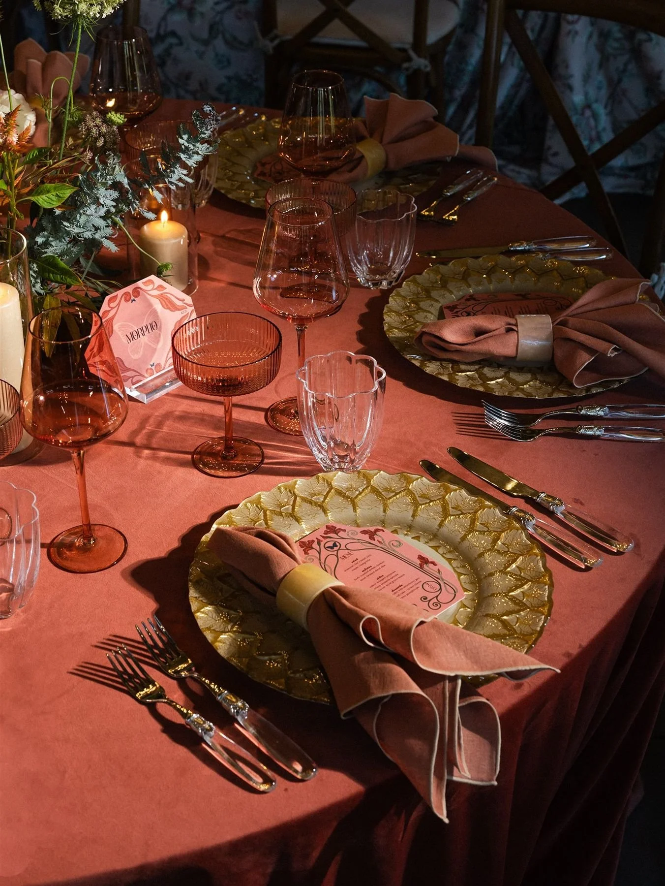 A pink and gold, whimsical, art nouveau tabletop design