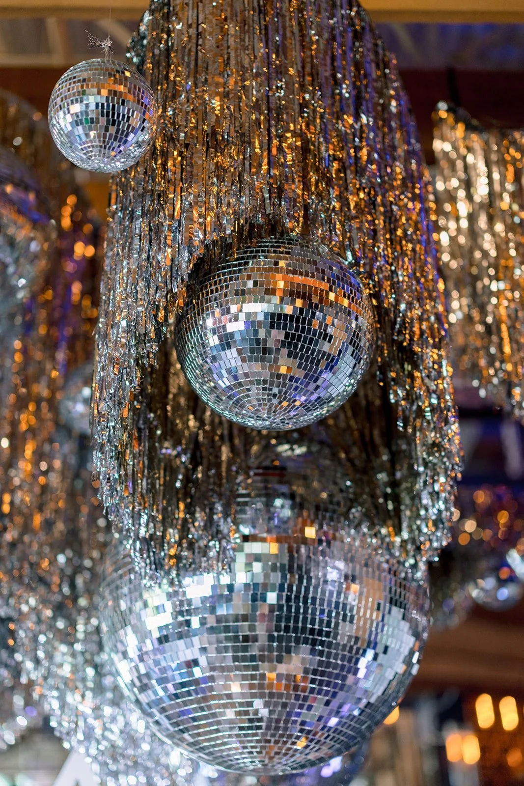 Detail view of fringe and disco balls for SXSW Austin Rooftop after party