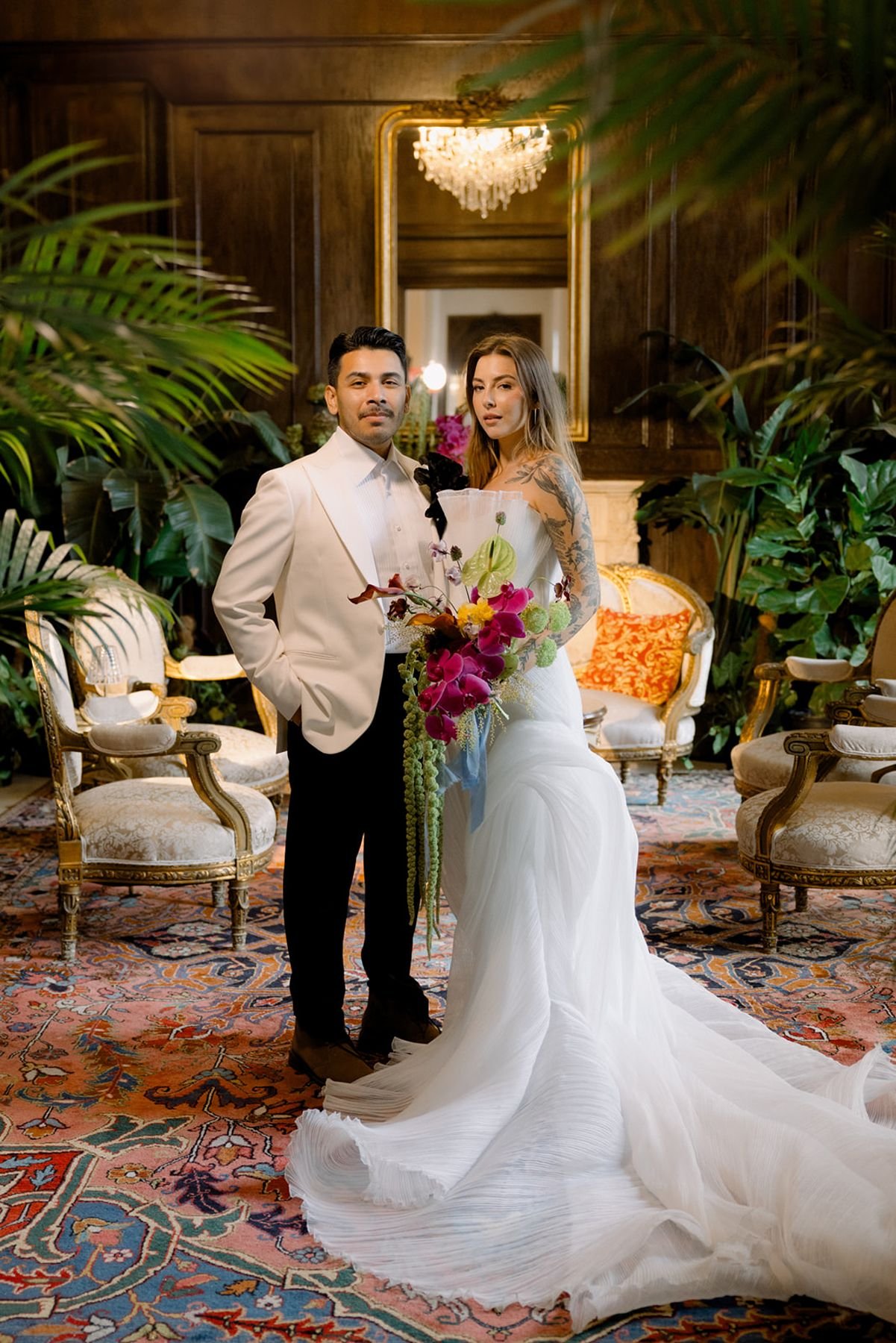 Chateau Nouvelle Library Speakeasy Afterparty for intimate wedding elopement - bride and groom portrait in 