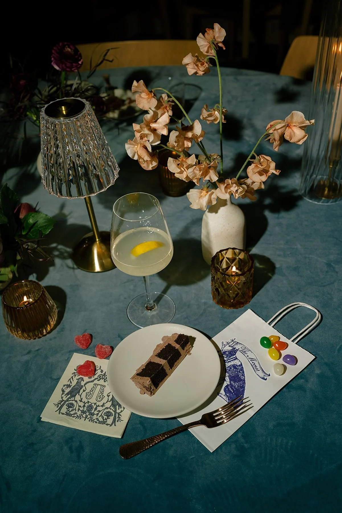 Playful stationery and sweet treats for a wedding reception - lemon drop martini, old fashioned, custom napkins, doggy bags for candy bar favors