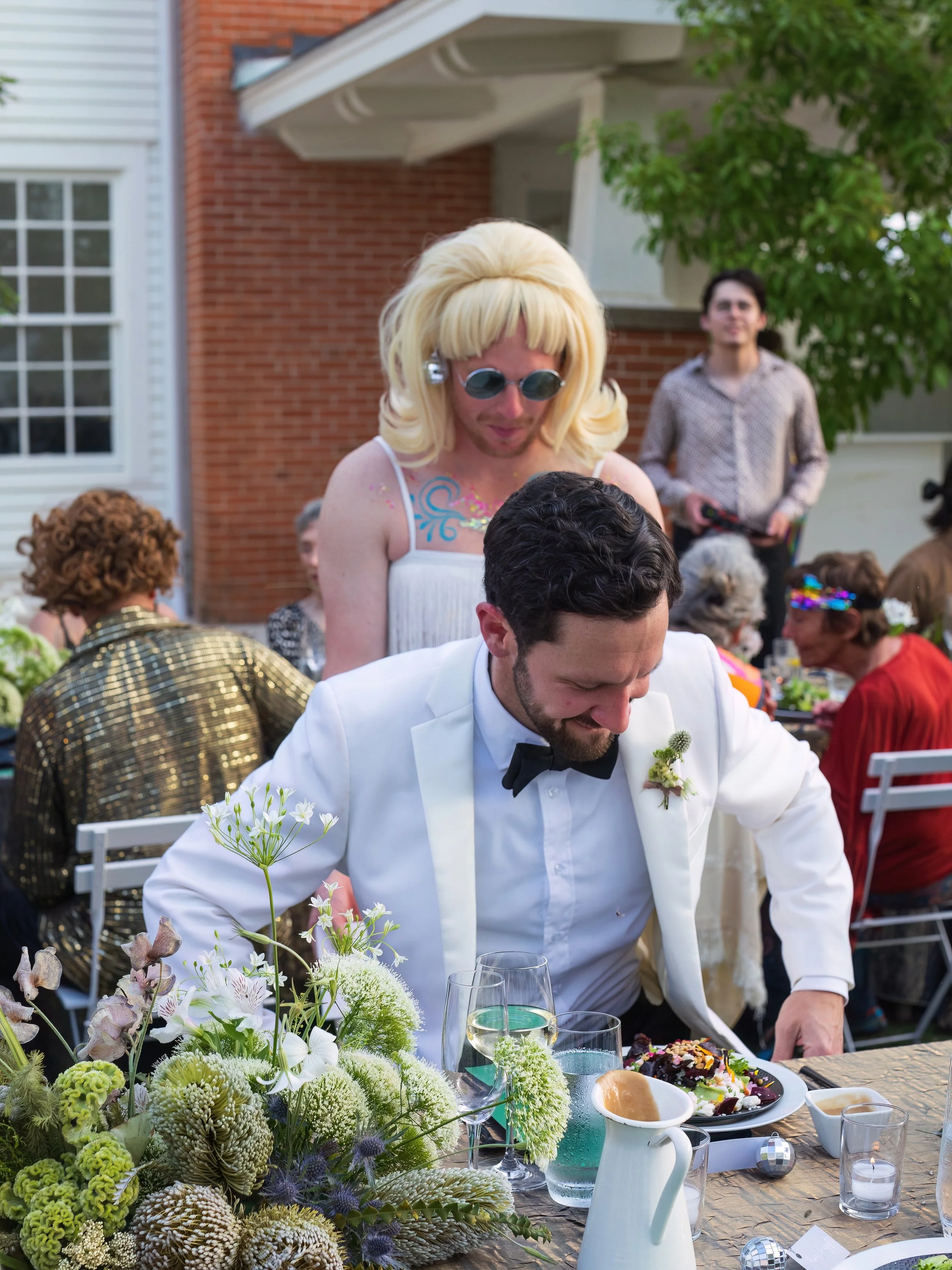'70s Wedding Guest Costume at Studio 54 Theme Wedding Wish Well House | Austin Wedding Planners Epoch