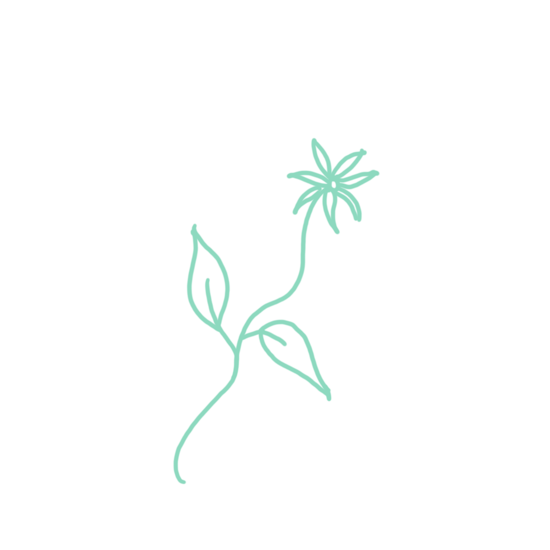 Eine stilisierte, leuchtende Zeichnung einer Pflanze mit Blättern und einer Blüte auf schwarzem Hintergrund.