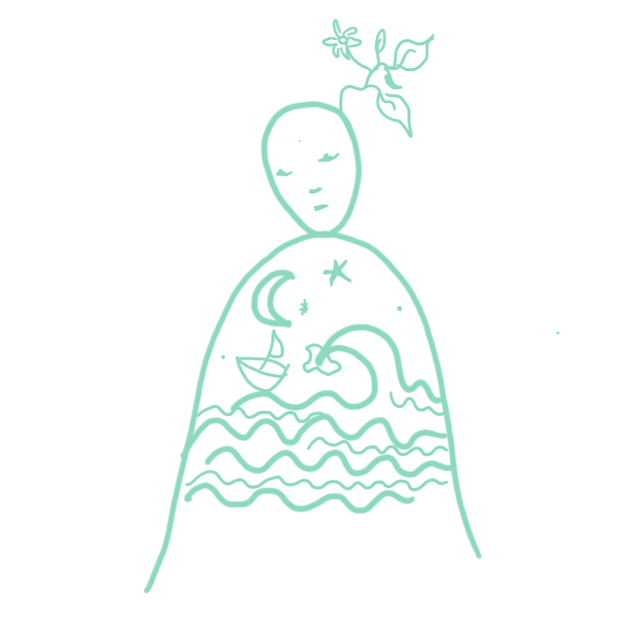 Gezeichnete menschliche Figur mit Wellen, Mond und wachsender Pflanze