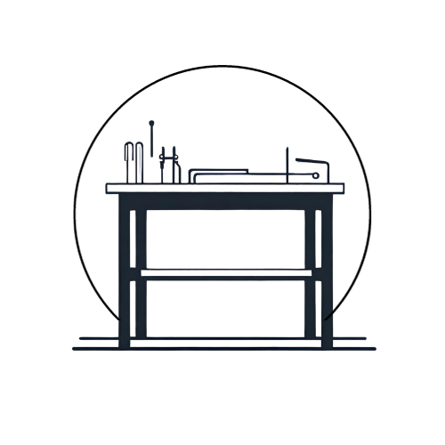 A black workbench with various tools and objects on top, set against a dark background.