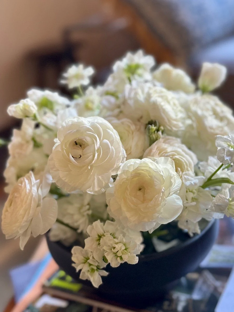 White flowers in a black vase