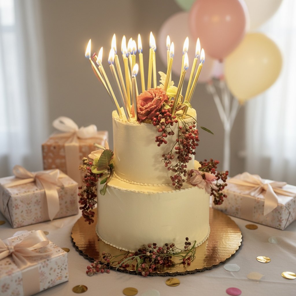 A two-tiered white birthday cake decorated with pink flowers and small red berries, with multiple lit candles on top, surrounded by wrapped gifts and pastel balloons in the background.