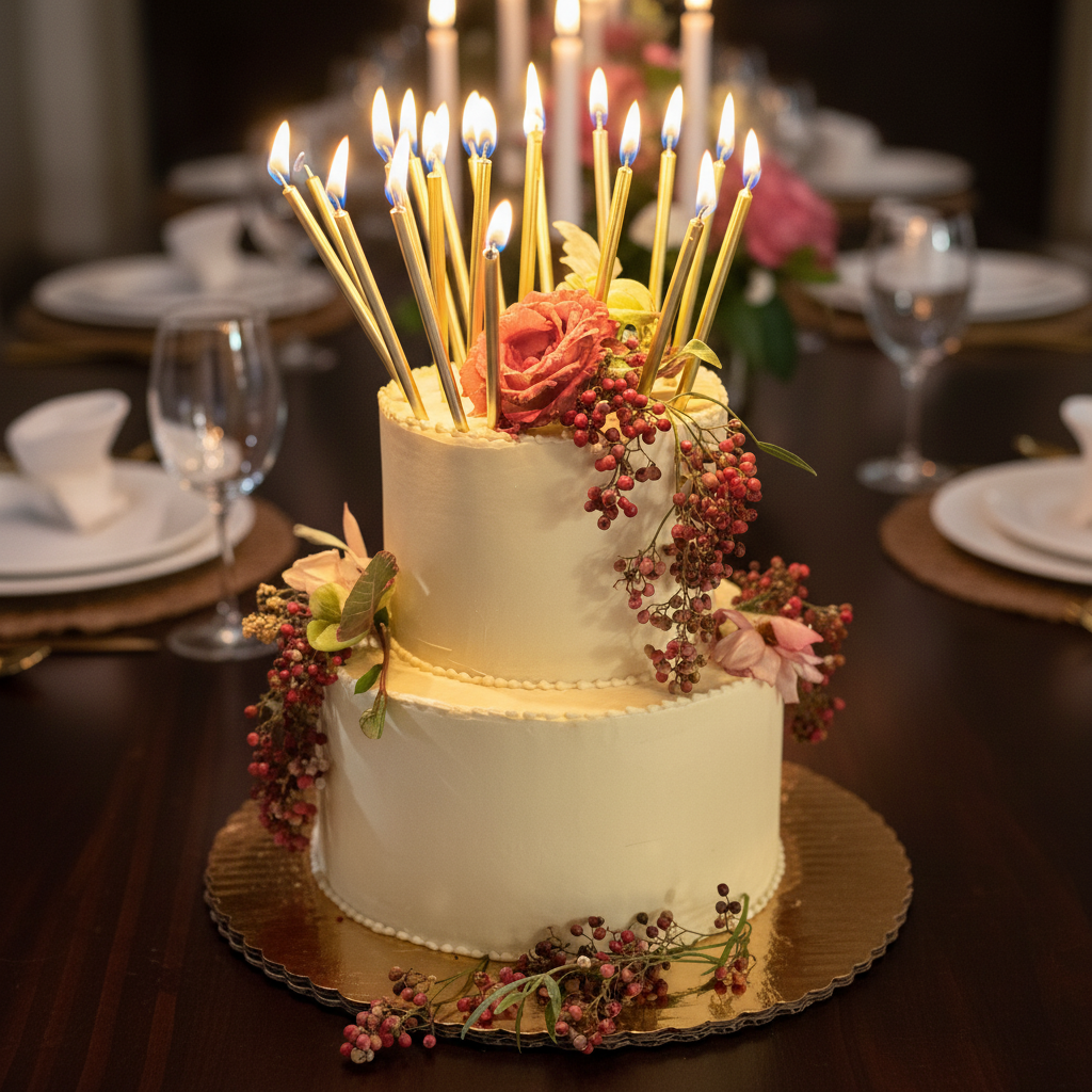 A two-tiered white birthday cake decorated with pink flowers and berries, topped with lit birthday candles, on a golden cake board, surrounded by dinner plates, glasses, and utensils on a dark wooden table.