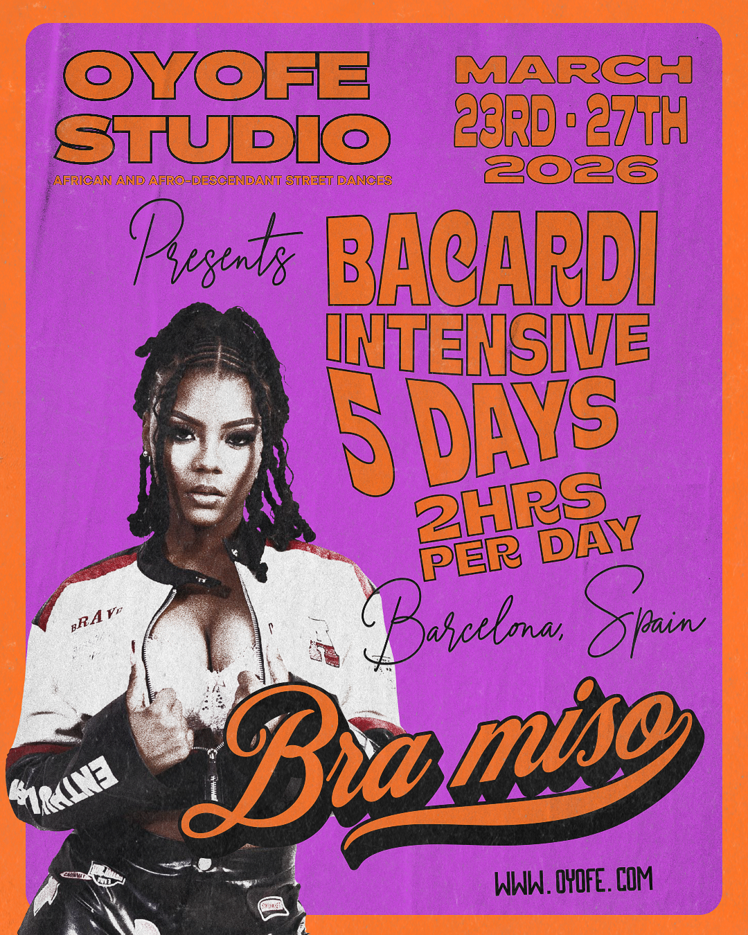 Green background with colorful text advertising a beginner camp in Barcelona, Spain from December 1-14, 2025, featuring phrases like 'Get your tickets' and the website www.oyofe.com.