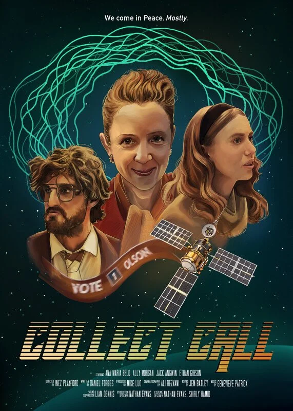 The poster for Collect Call feature a satellite and the three lead characters against an alien threat