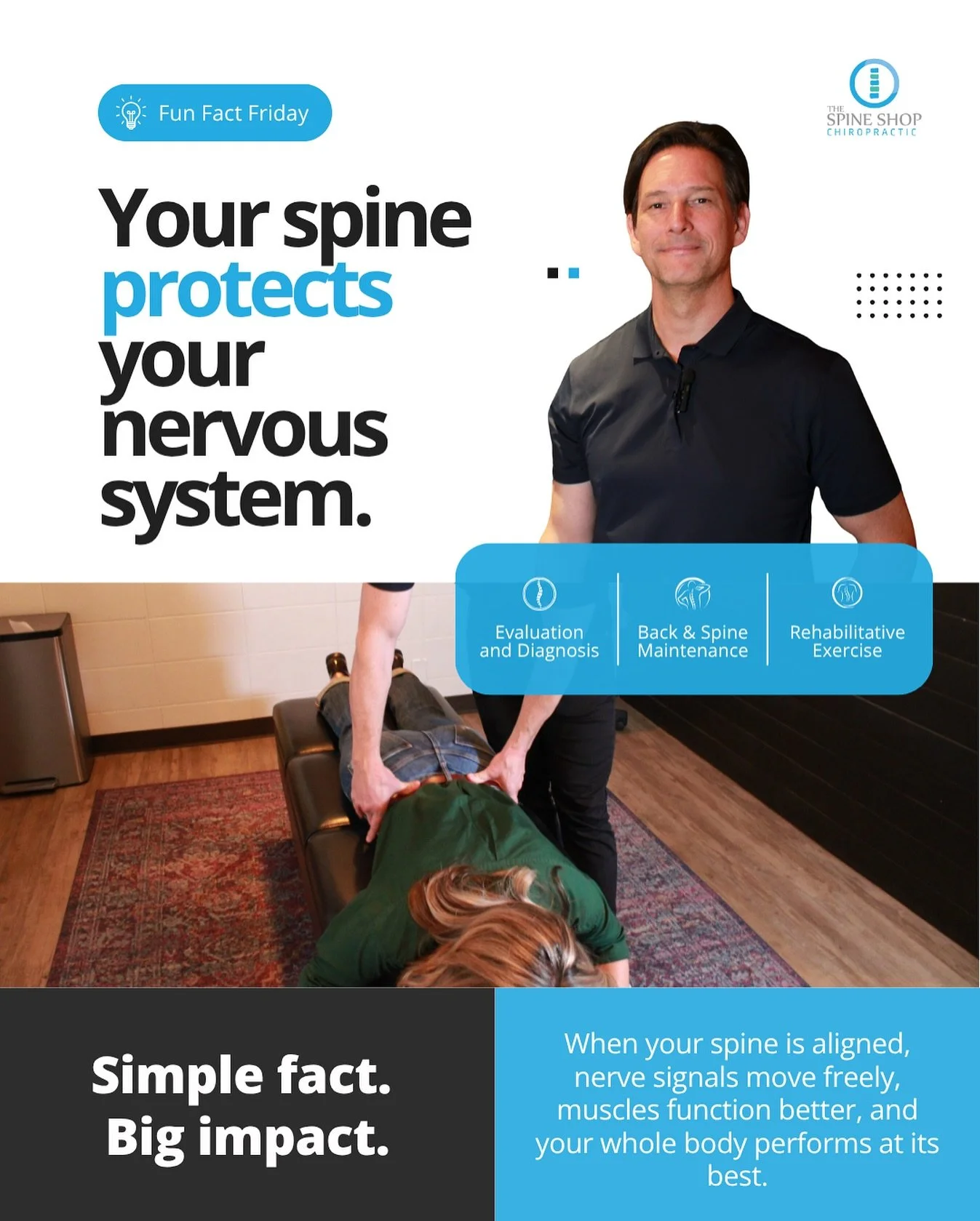 Your spine protects your nervous system&hellip; aka your body&rsquo;s master communicator. 💡

When your spine is aligned, nerve signals move freely, muscles function better, and your whole body performs at its best.

Simple fact. Big impact.

If som