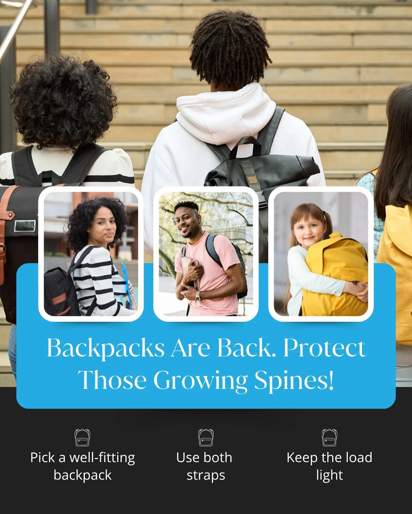 Backpacks are back&mdash;and so is that extra strain on young spines. 🎒

Heavy loads, poor posture, and growth spurts can all affect spinal alignment (and comfort).

Dr. Vince&rsquo;s tip: Choose a well-fitting backpack, wear both straps, and keep t