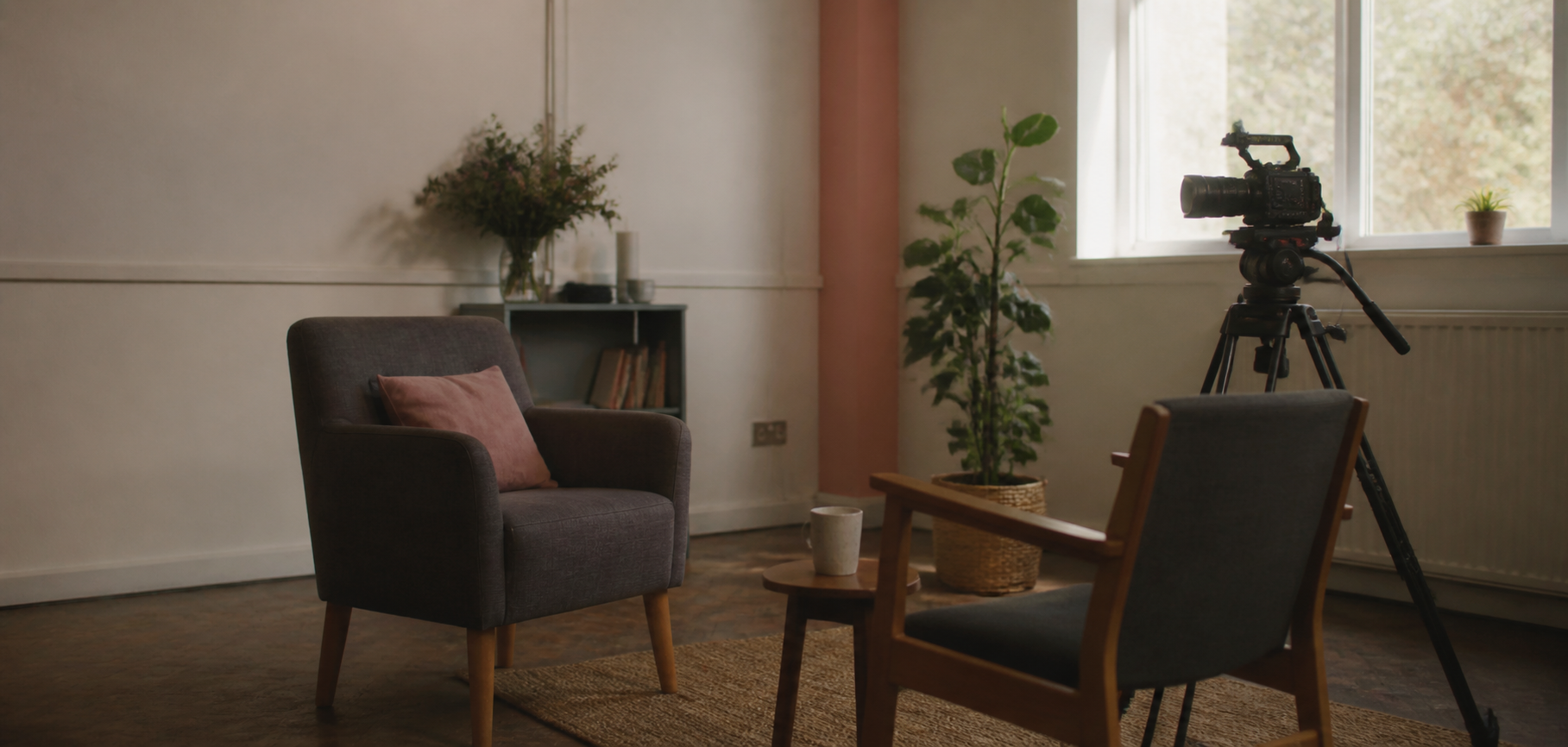 A calm documentary interview setup in a community room
