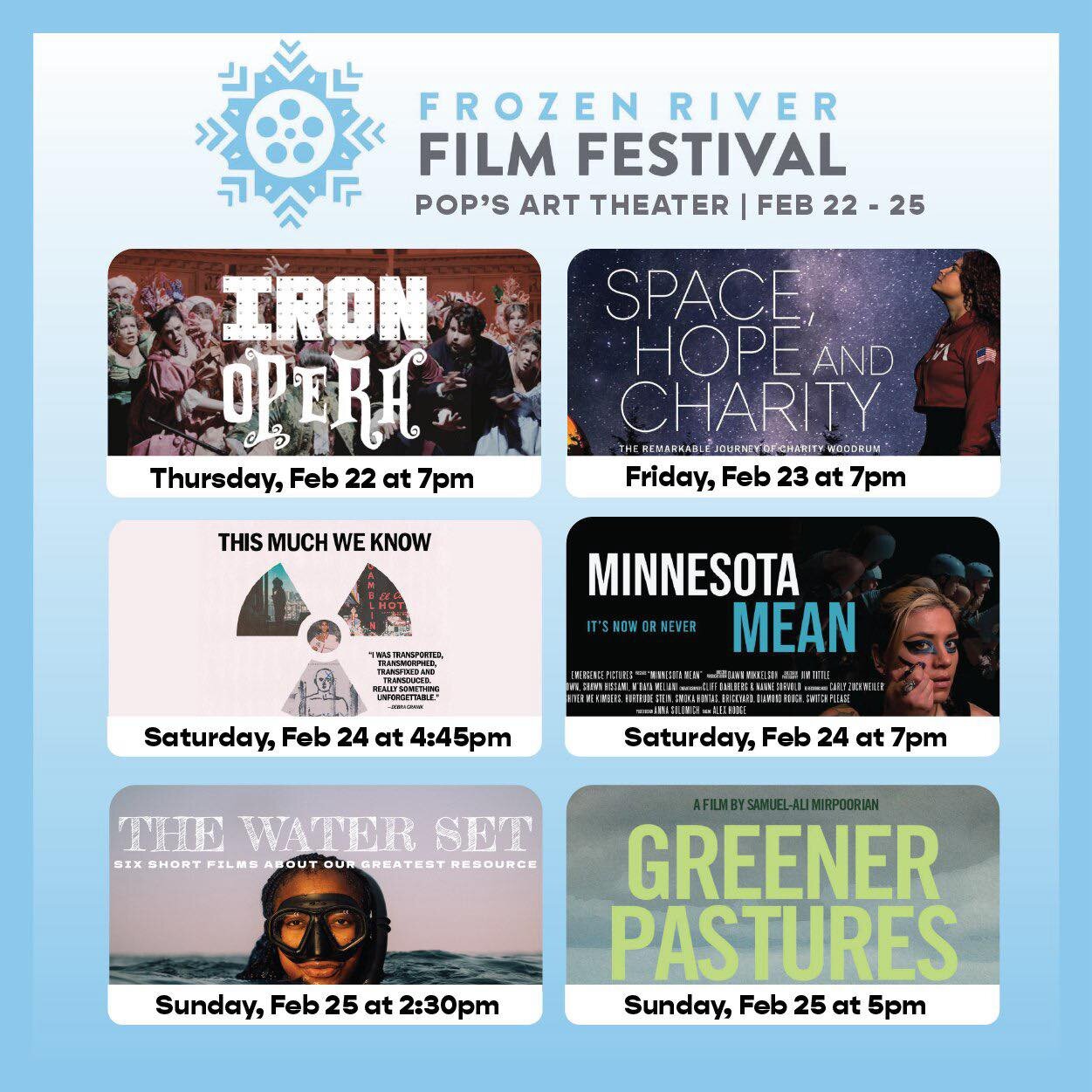 Frozen River Film Festival continues this weekend in Rochester at Pop's Art Theater: 

❄️ SPACE, HOPE AND CHARITY Fri 2/23 at 7pm
❄️ THIS MUCH WE KNOW Sat 2/24 at 4:45pm
❄️ MINNESOTA MEAN Sat 2/24 at 7pm
❄️ THE WATER SET Sun 2/25 at 2:30pm
❄️ GREENER