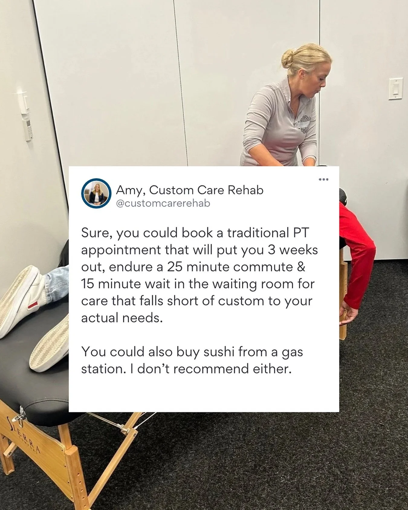 ➡️ You could sit in traffic, wait in a crowded room, and get a generic PT session that barely fits your needs&hellip;

Or you could get full, personalized care that actually works for you. At Custom Care Rehab, we bring the session to your schedule, 
