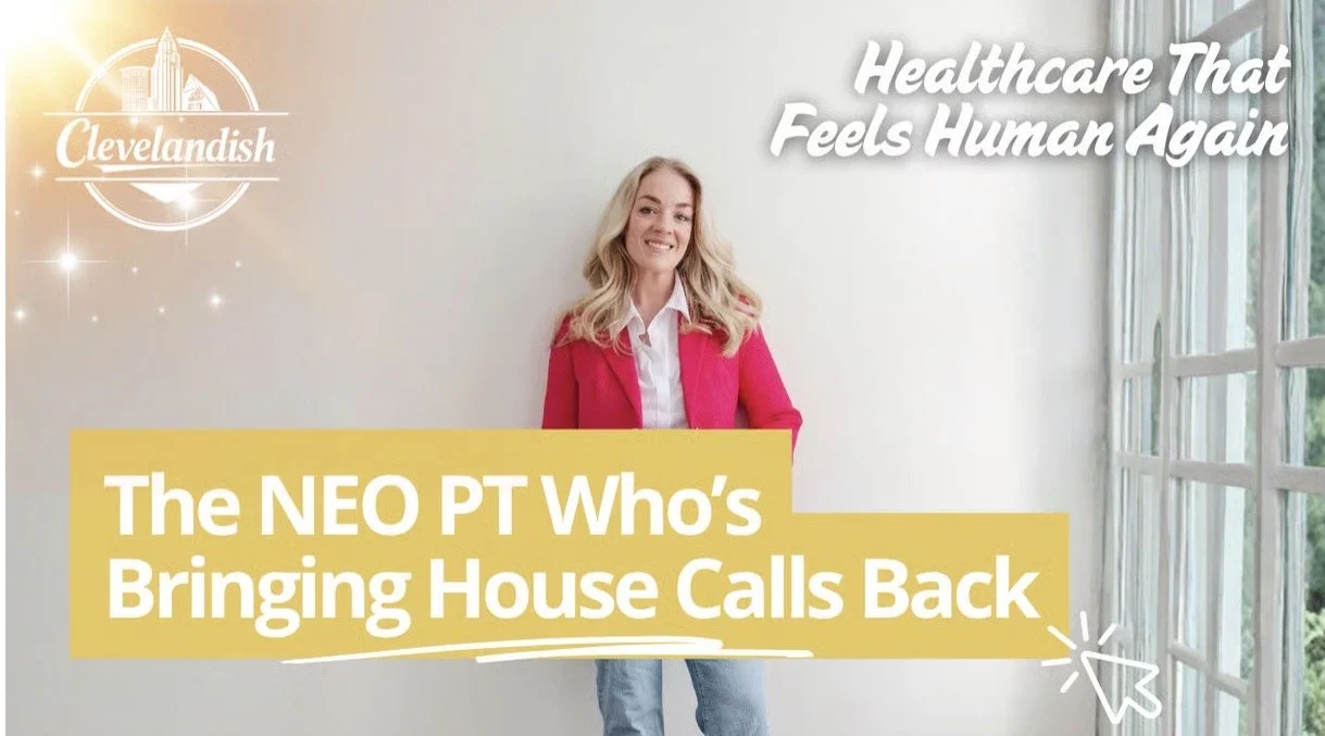 A woman with blonde hair, wearing a pink blazer and white shirt, standing in front of a plain white wall with a window on the right side. The image includes text promoting healthcare and house calls, and a Clevelandish logo in the upper left corner.