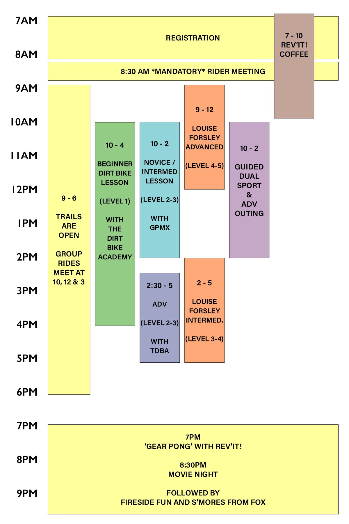 Schedule of activities for a biking event, including registration, rider meetings, bike lessons for beginners, novices, and advanced riders, guided dual sport and outing, and evening social activities with a movie night and fireside fun.
