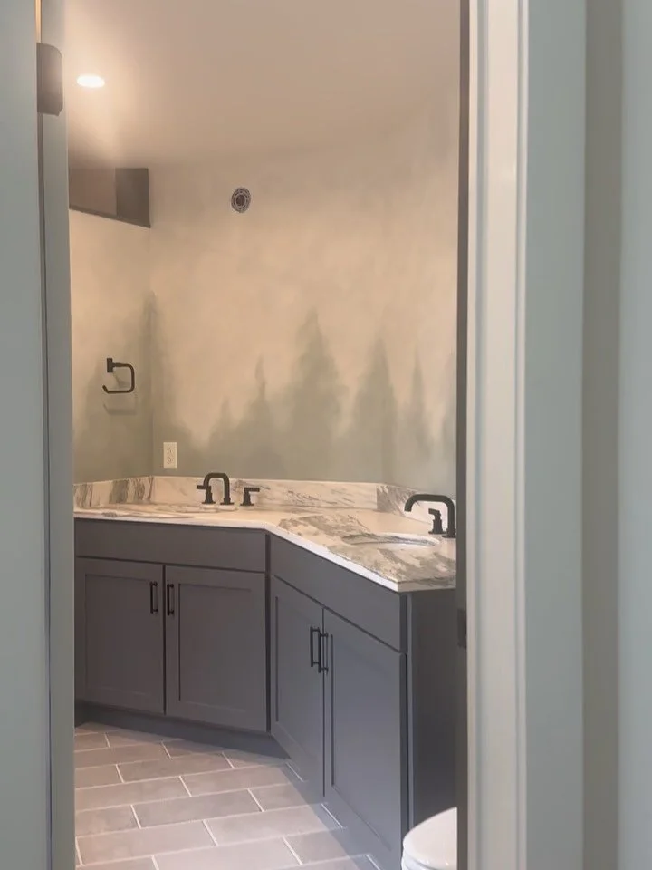 Wow. Was this ever a satisfying before and after up at @bromleymountain 🌲

Look out the window right now and you&rsquo;ll understand the inspiration behind this custom mural.&nbsp;

Pines against the mist are dreamy!

Hand-painted pines fading into 