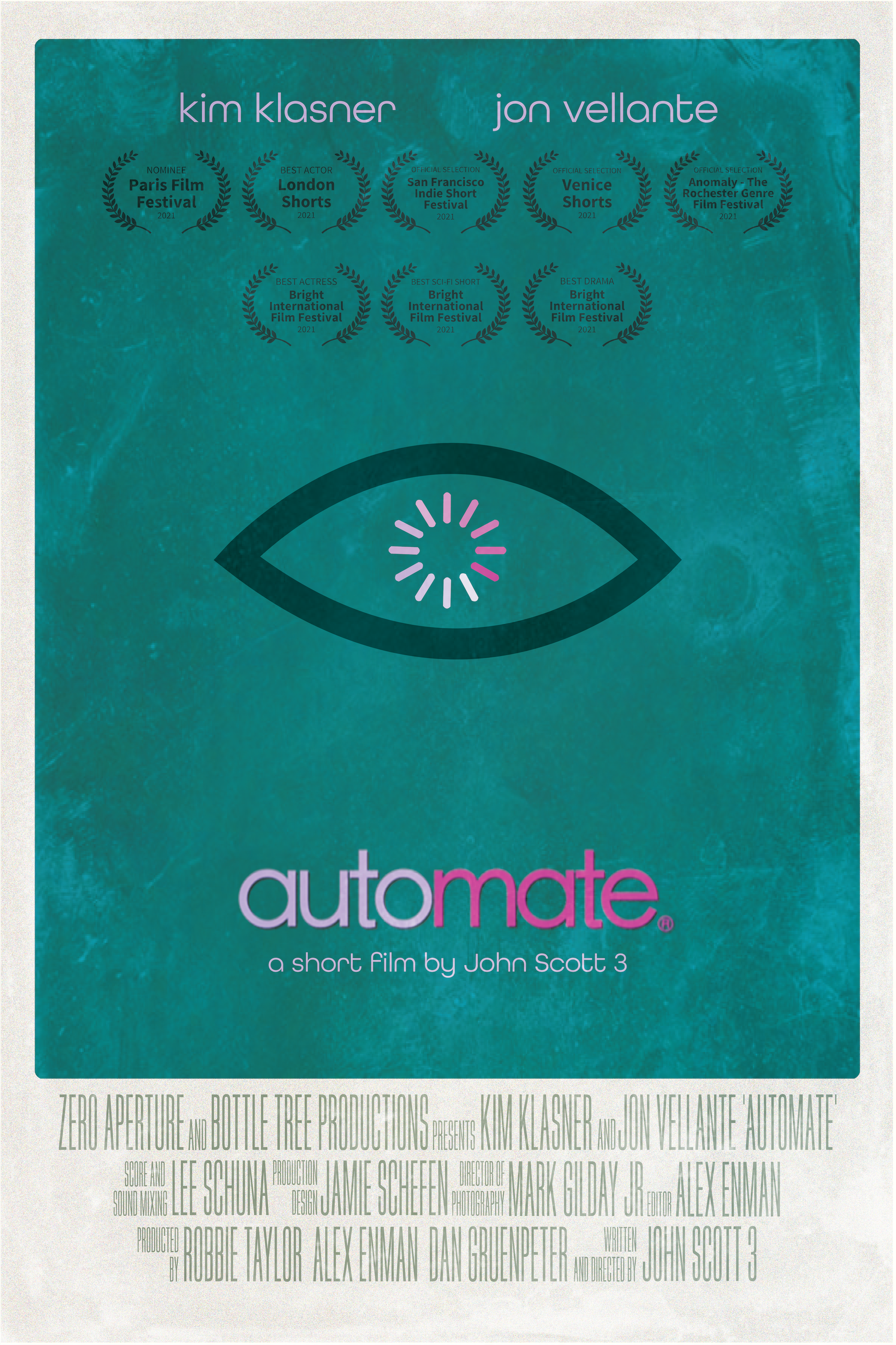 Movie poster for 'Autome,' a short film by John Scott 3, featuring Kim Klasner and Jon Vellante. The poster includes a stylized eye with a loading symbol inside, surrounded by several film festival laurels.