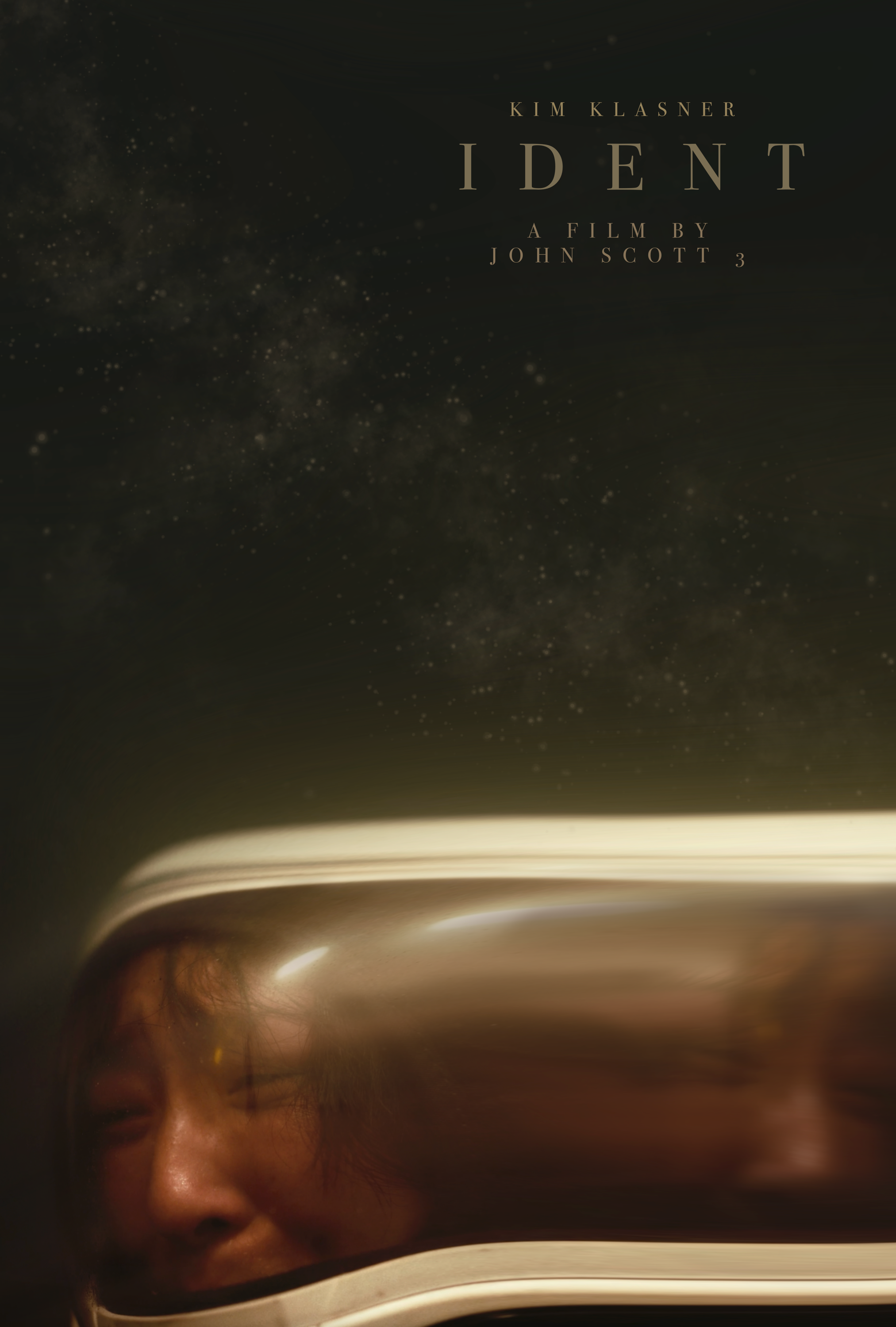 A promotional poster for the film 'IDENT' by Kim Klasner, directed by John Scott, featuring a woman with a contemplative expression inside a reflective helmet against a dark background with small star-like dots.