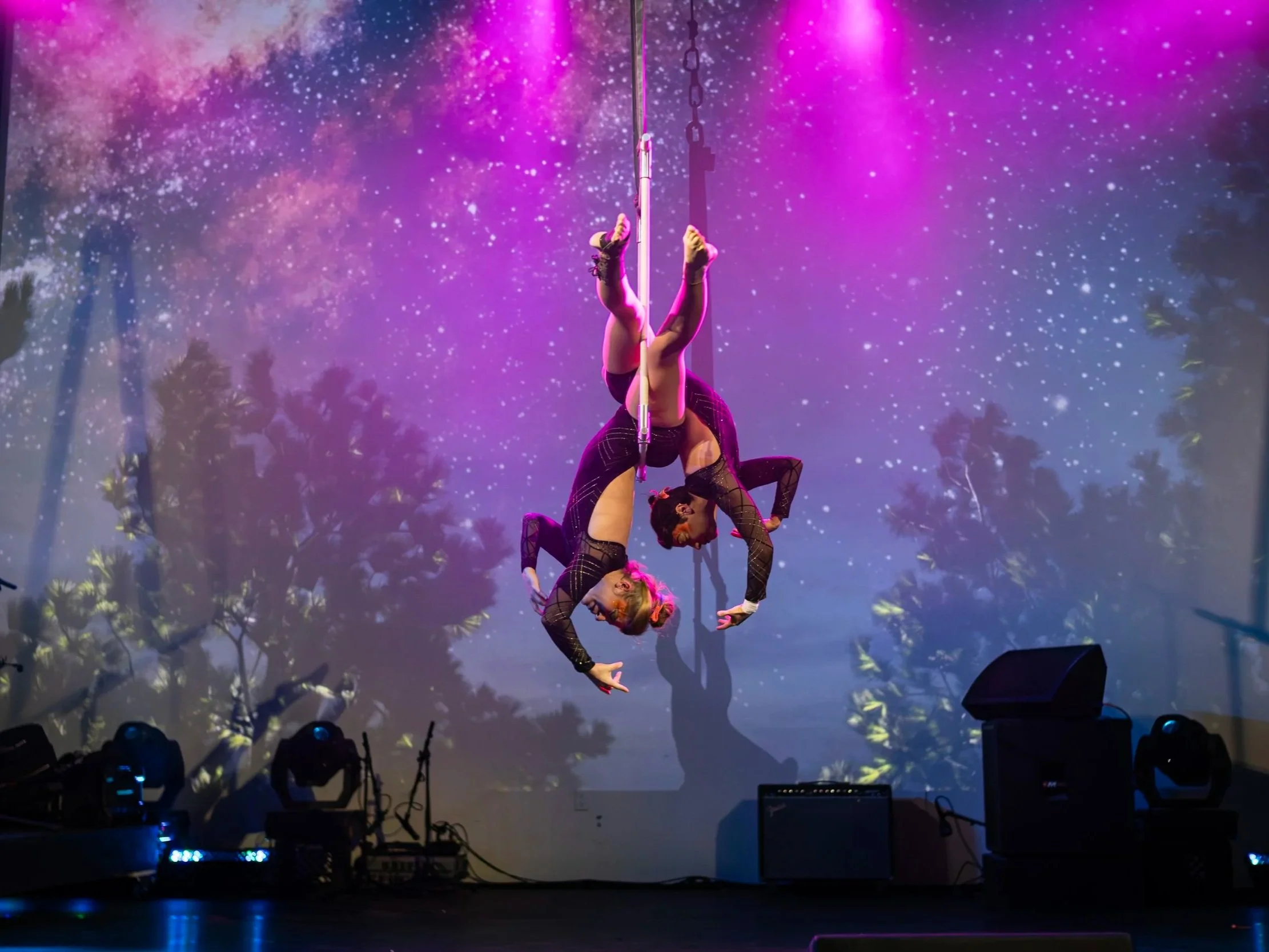 Two stunning performers in the air against a beautiful night sky