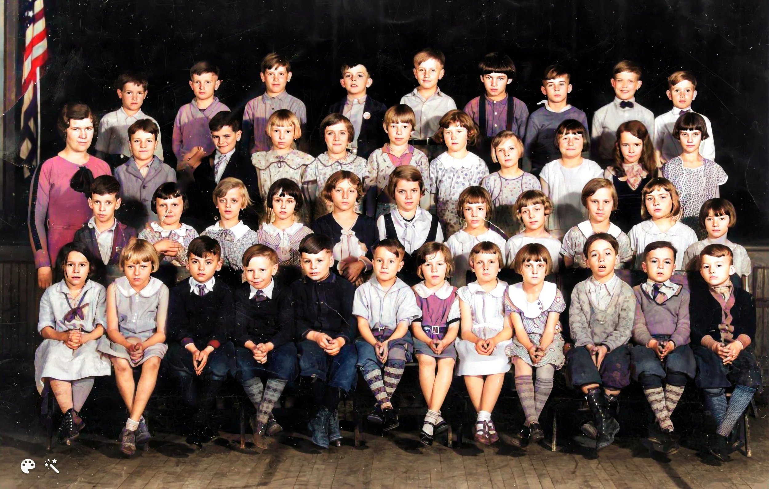 Kiser, Catherine-1931 abt, 2nd grade shool class photo (first row, 5th from right)