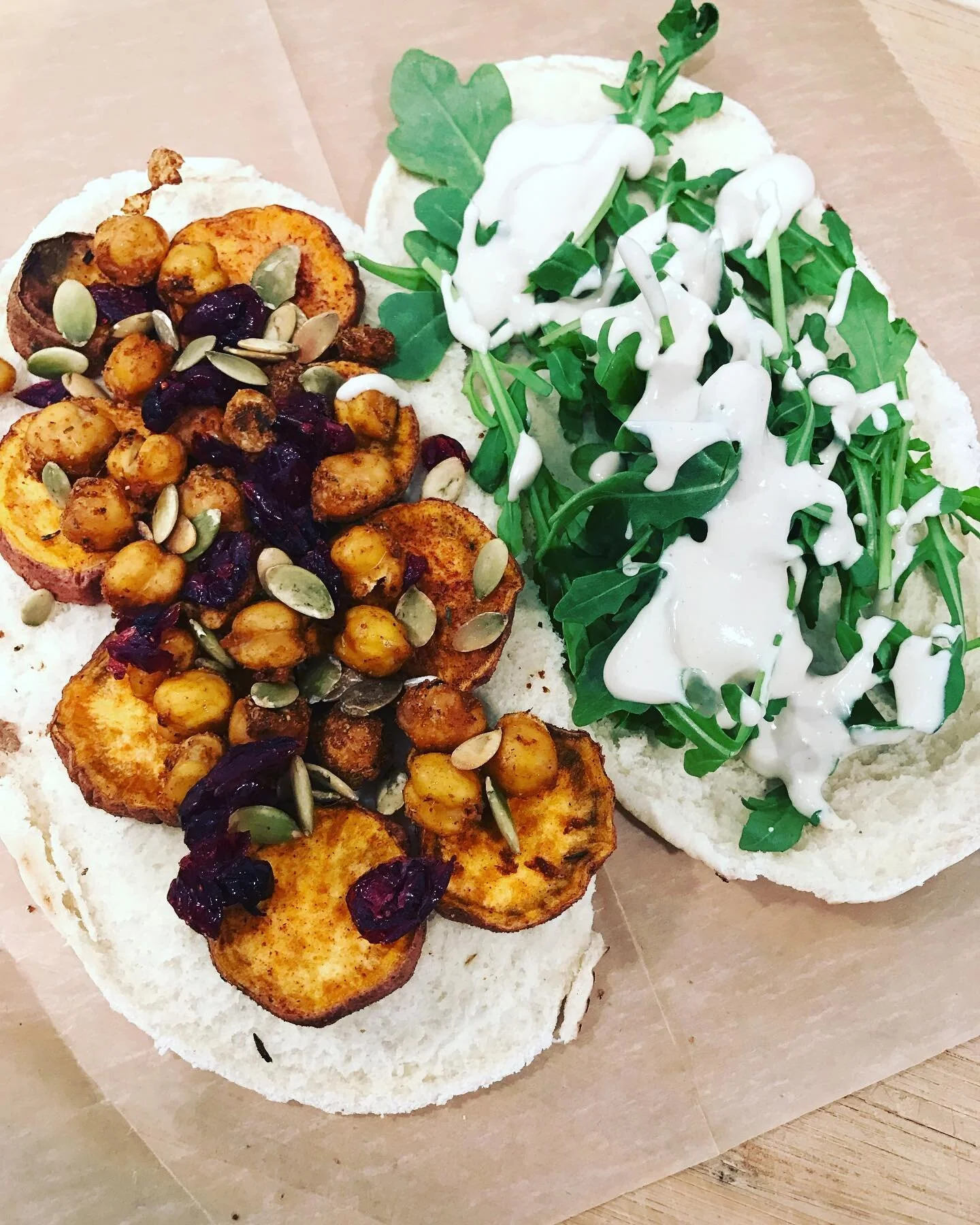 #vegan#glutenfree#pita#sweetpotatoes#chickpeas and more!  It was so cold early this morning!  Hope everyone has their winter coats out 🥶 don’t forget to place your thanksgiving orders!  Cookies, pie, cornbread, veggie sides, whatever you desir