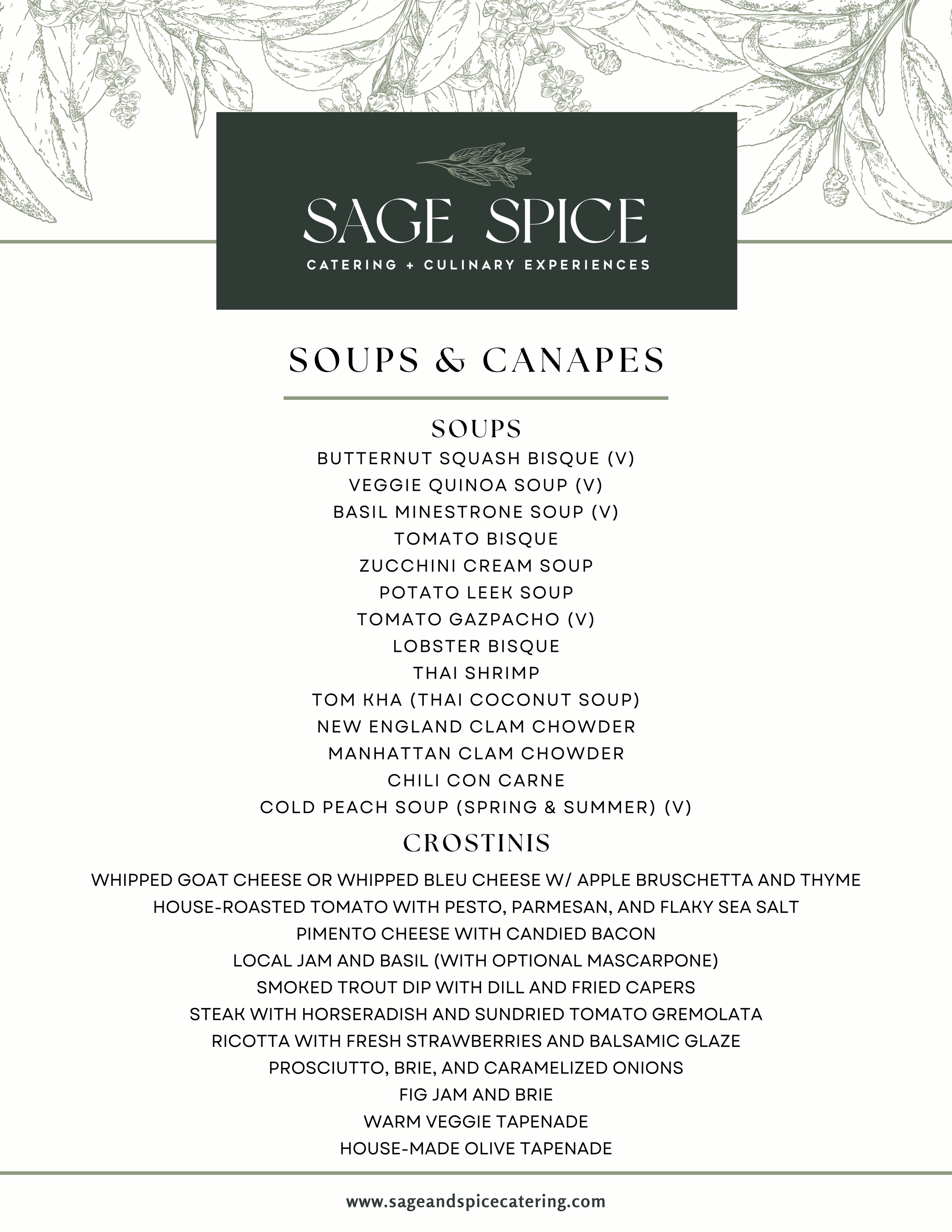 Menu from Sage Spice catering listing various soups, crostinis, and other dishes including whipped goat cheese, house-roasted tomato, jam and basil, smoked trout dip, steak with horseradish, ricotta with strawberries, prosciutto and brie, fig jam, ve