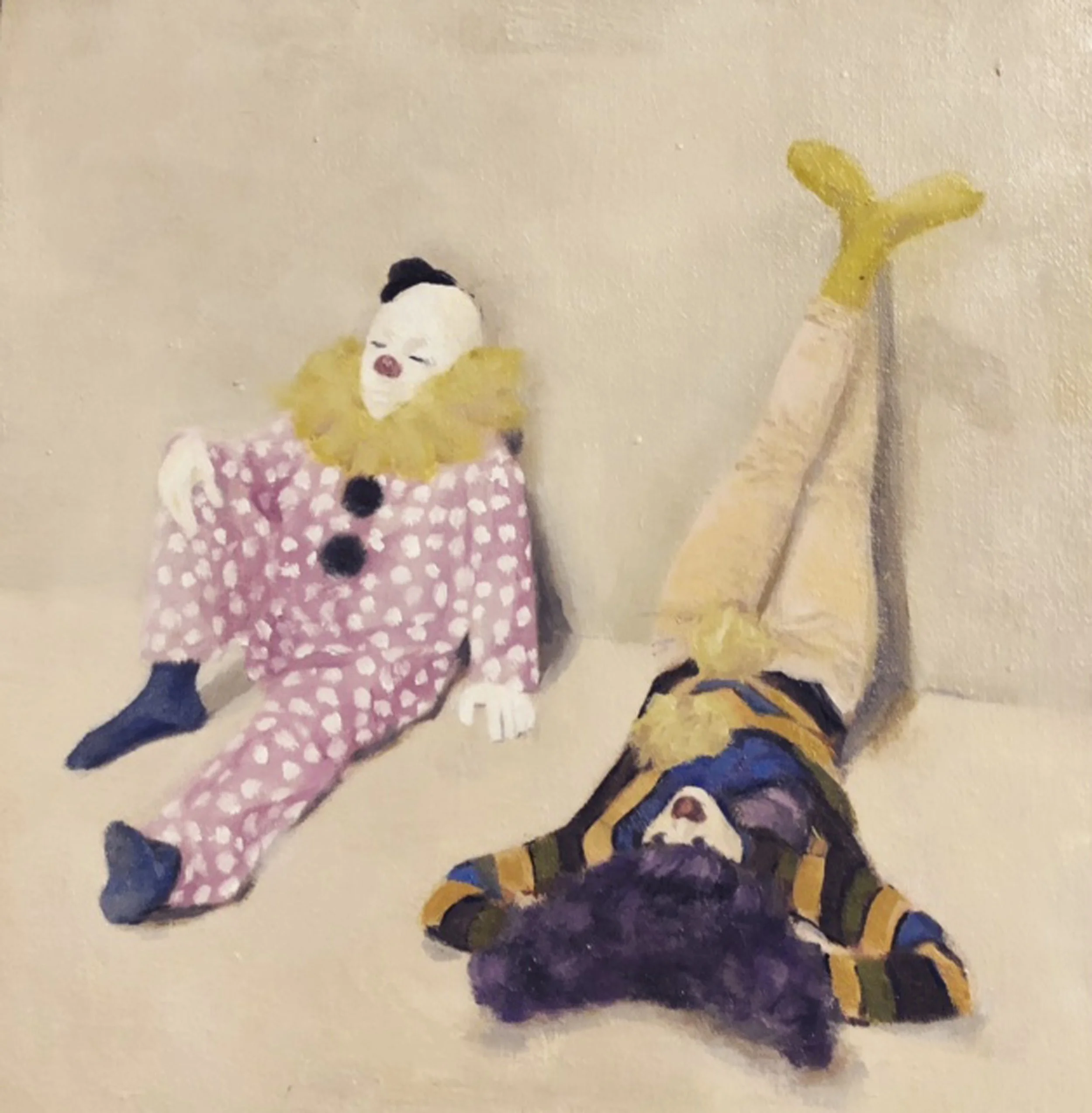 Resting clowns, oil on canvas, 20 × 20 cm