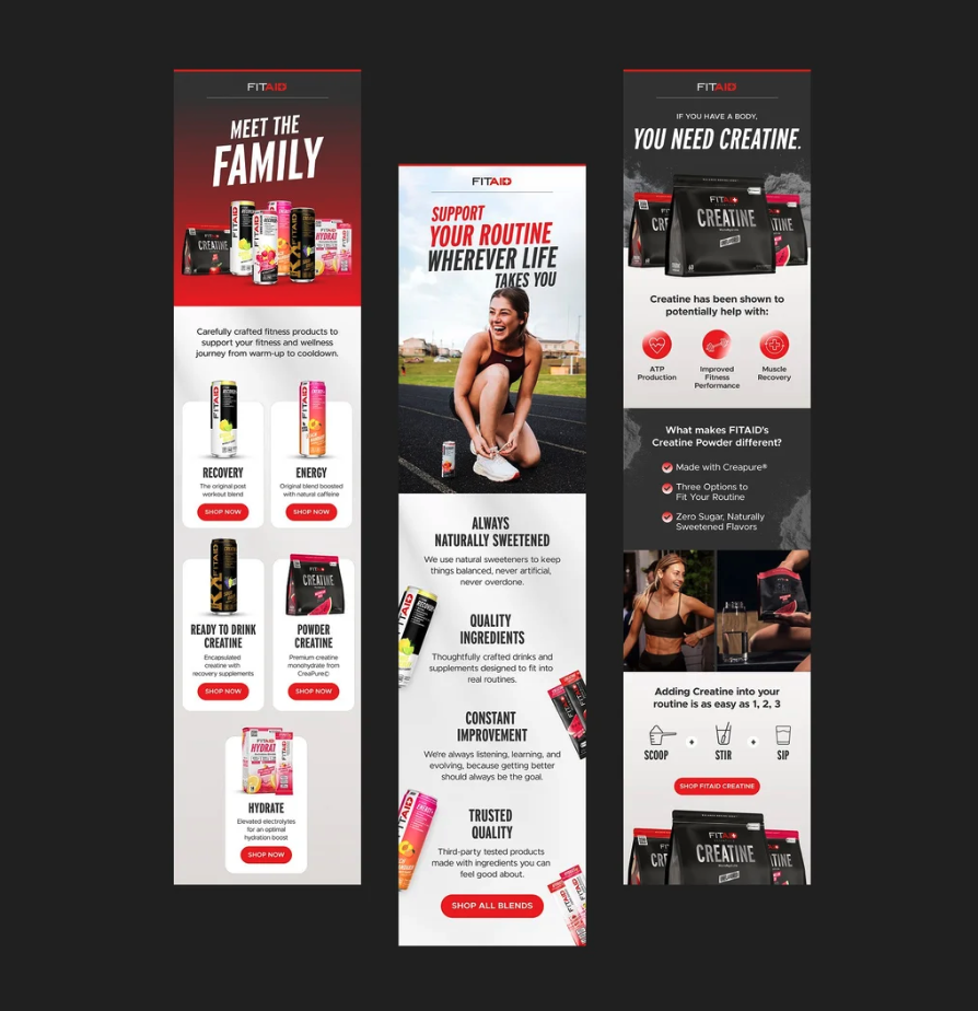 Three vertical banners promoting FITAID fitness supplements. The left banner features various FITAID products with labels like Recovery, Energy, Ready to Drink Creatine, Powder Creatine, and Hydrate. The middle banner shows a smiling woman in workout gear holding a FITAID bottle, emphasizing natural ingredients, quality, constant improvement, and trusted quality. The right banner highlights the benefits of creatine, including ATP production, improved fitness, and muscle recovery, with images of creatine product packages and a woman lifting weights.