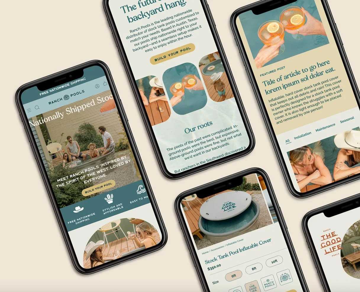 Five smartphones displaying website pages for Rancho Pools, featuring images of pools, pool accessories, and people enjoying outdoor time.