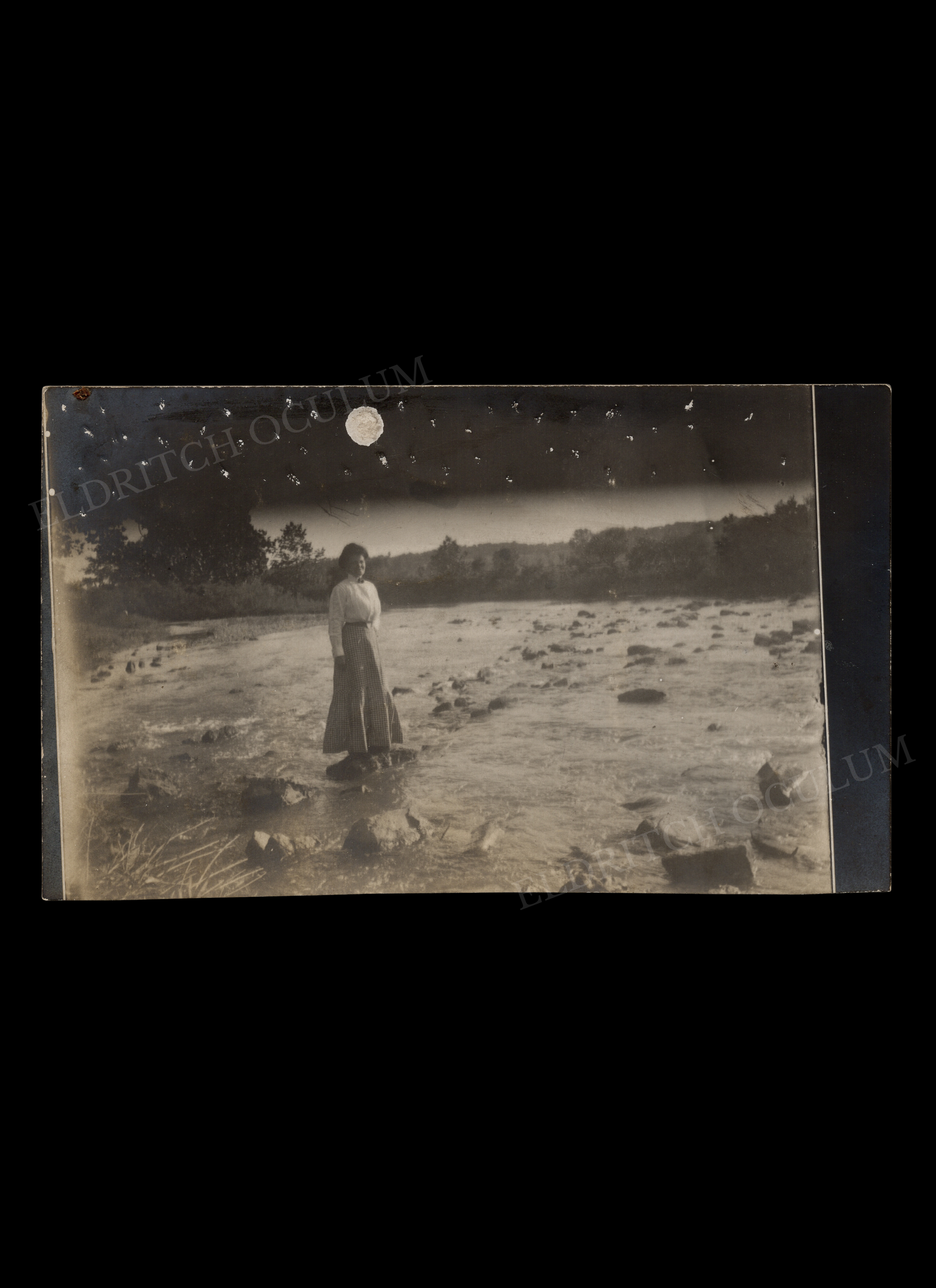 Surreal Scene of Woman on a Rock in River with Faux Moon and Stars in Night Sky, c. 1908