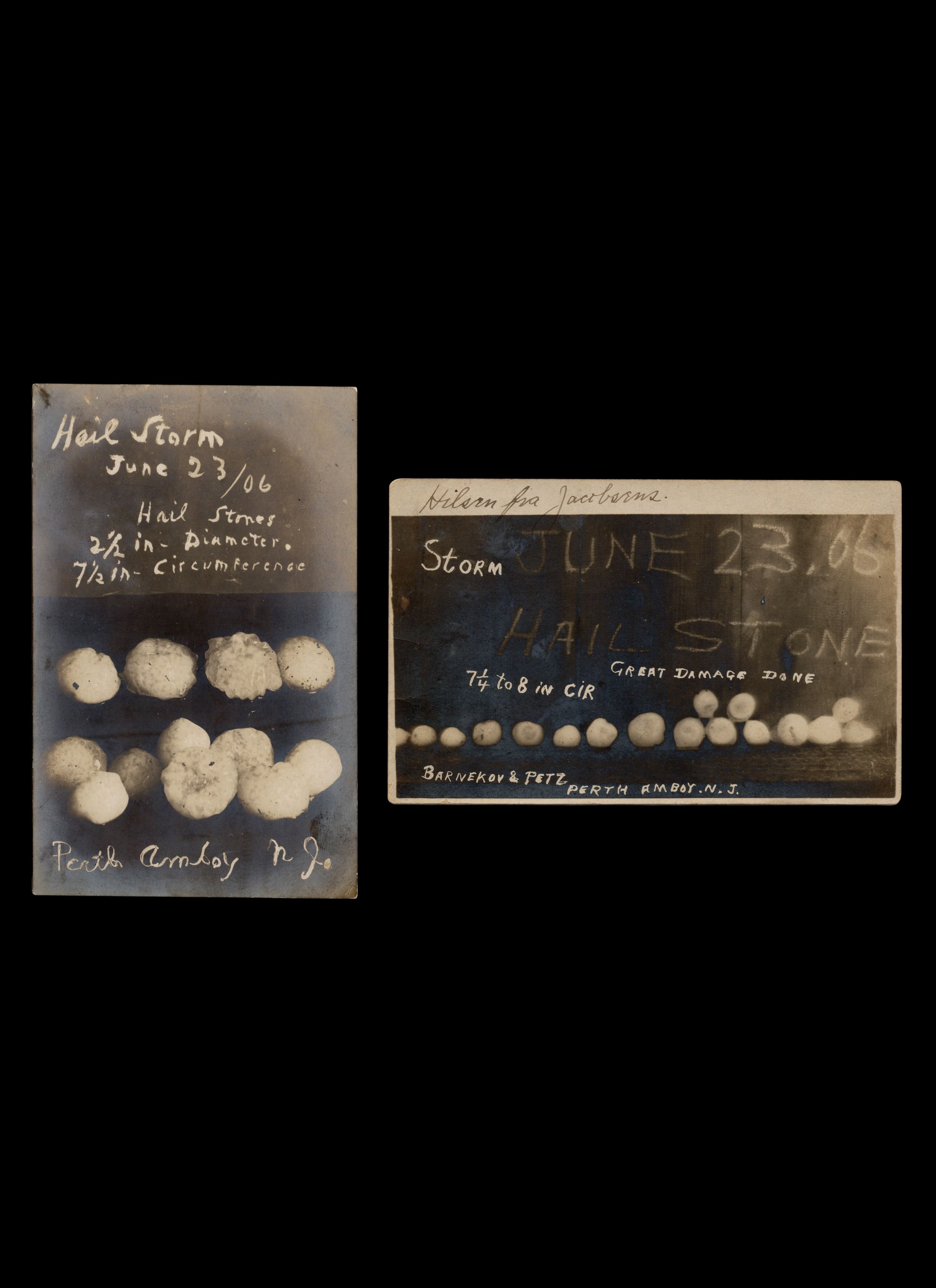 Set of 2 - Hail Storm June 23/06, Great Damage Done, real-photo postcards, c. 1906