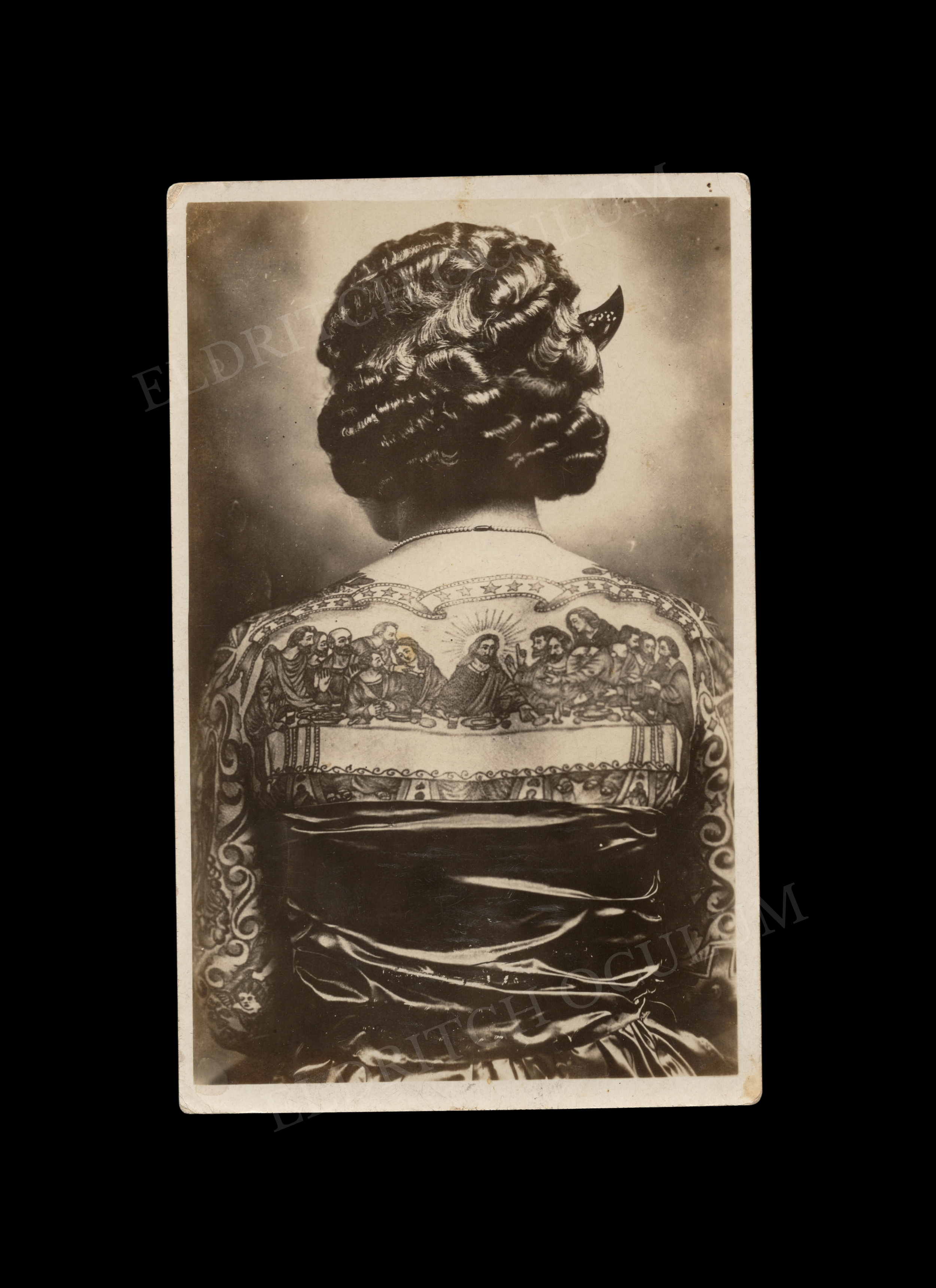 Famed Tattooed Lady, Artoria, Showing Last Supper Back-piece and Decorative Sleeves, real-photo postcard, c. 1924